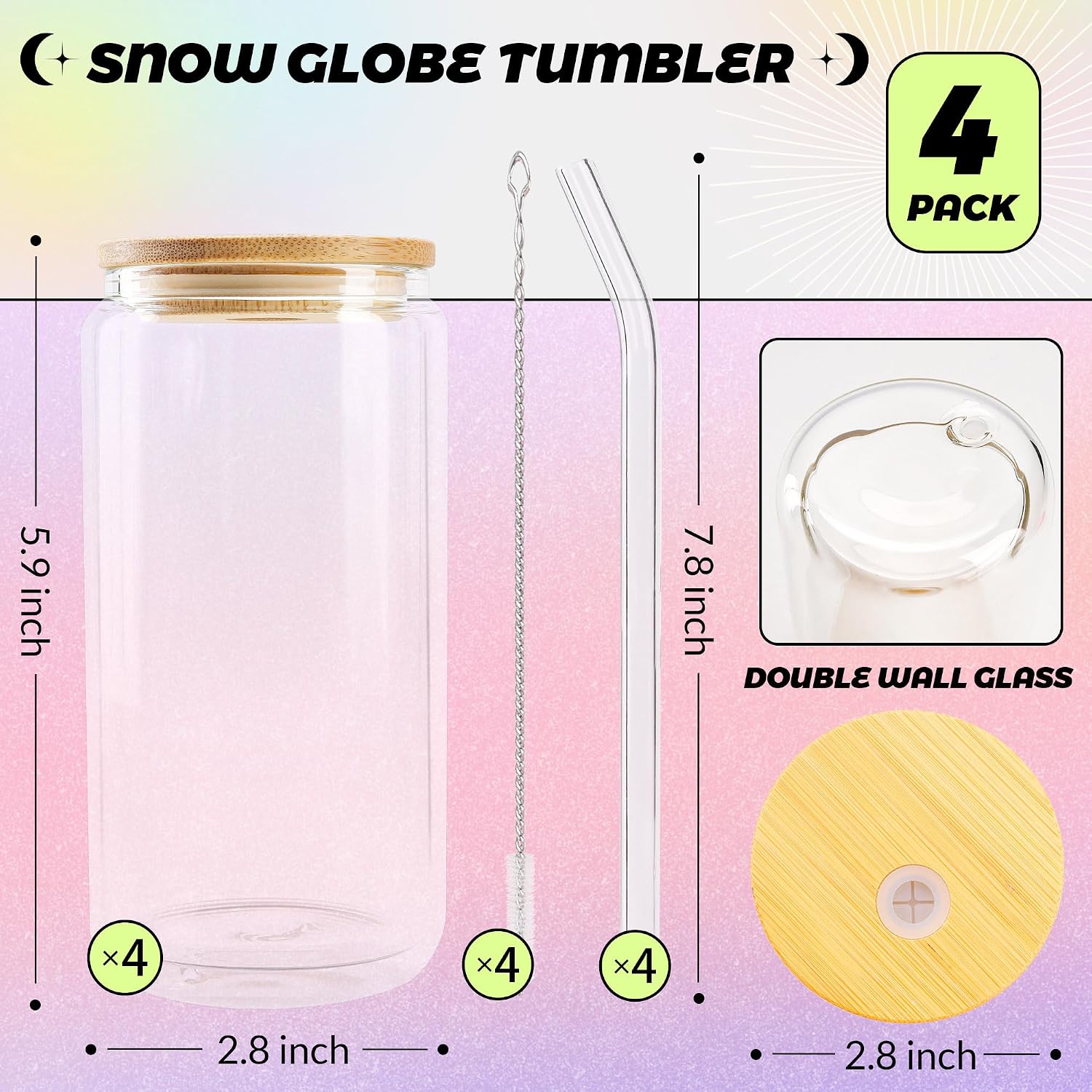 Joyclub 4 Pack 16 oz Snow Globe Tumblers Pre Drilled Beer Glass Can Shaped image 3