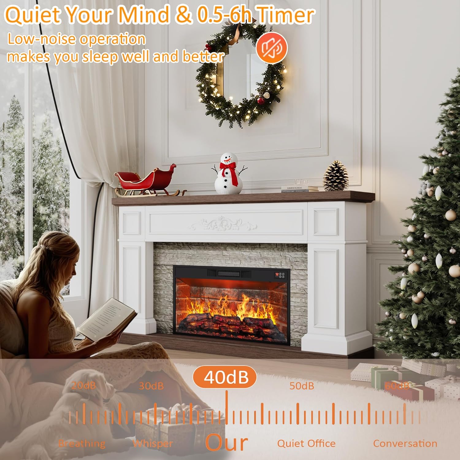 BLANKSPACE 60" Landscape Electric Fireplace with Mantel, Solid Wood Modern Entertainment Center TV Stand, Replaceable 30" Red Brick Fireplace Insert Heater, for Living Room, Bedroom