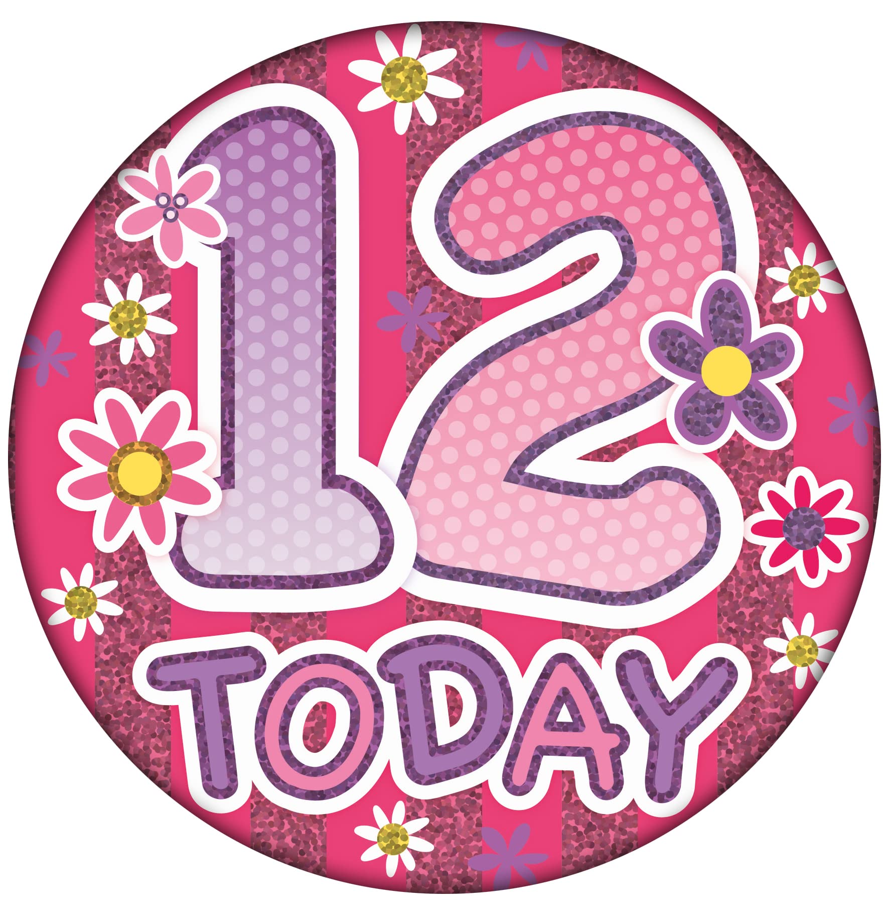 Age 12 Birthday Badge Pink, Purple And Silver Holographic Recyclable 12th Birthday Party Badge