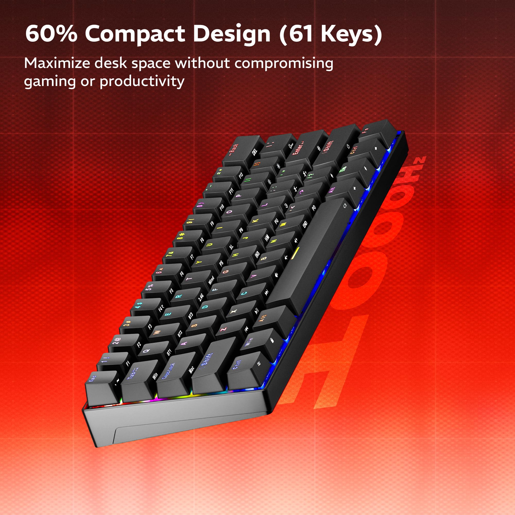 Zebronics Max Ninja 61W Mechanical Keyboard, 60% Compact Layout, Tri-Mode Rechargeable, N-Key Rollover, Linear Red Switches, 1000Hz Polling Rate, 61 Keys, Software Support, Win & Mac Support — Amazon image 2