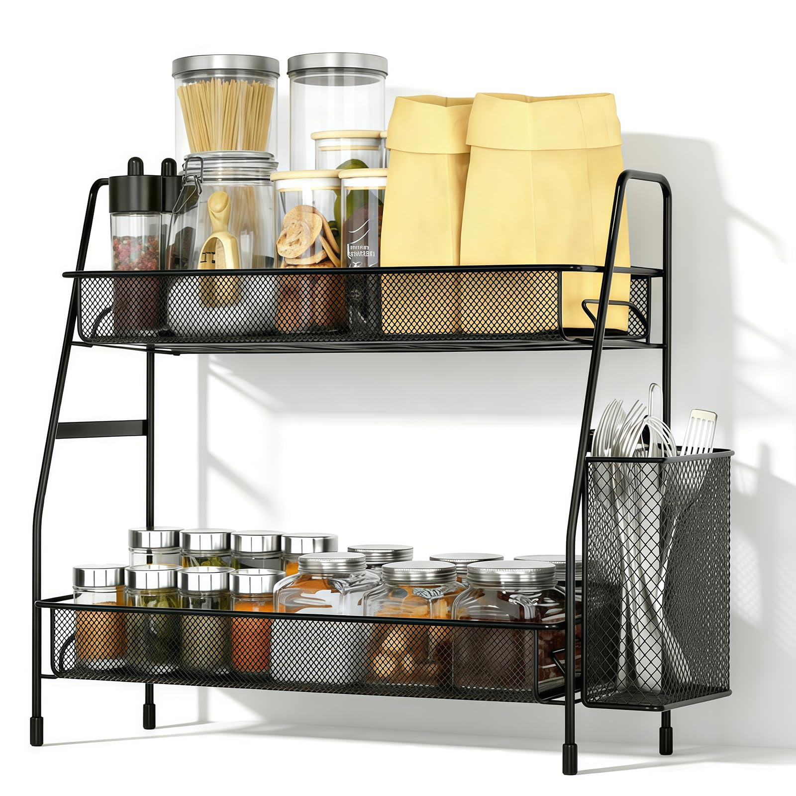 MEETOZ 2-Tier Spice Rack, Cupboard Shelf Organiser with Side Basket, Free Standing Storage Organizer Metal Racks for Kitchen Counter & Bathroom Countertop, for Kitchen Home Office Countertop