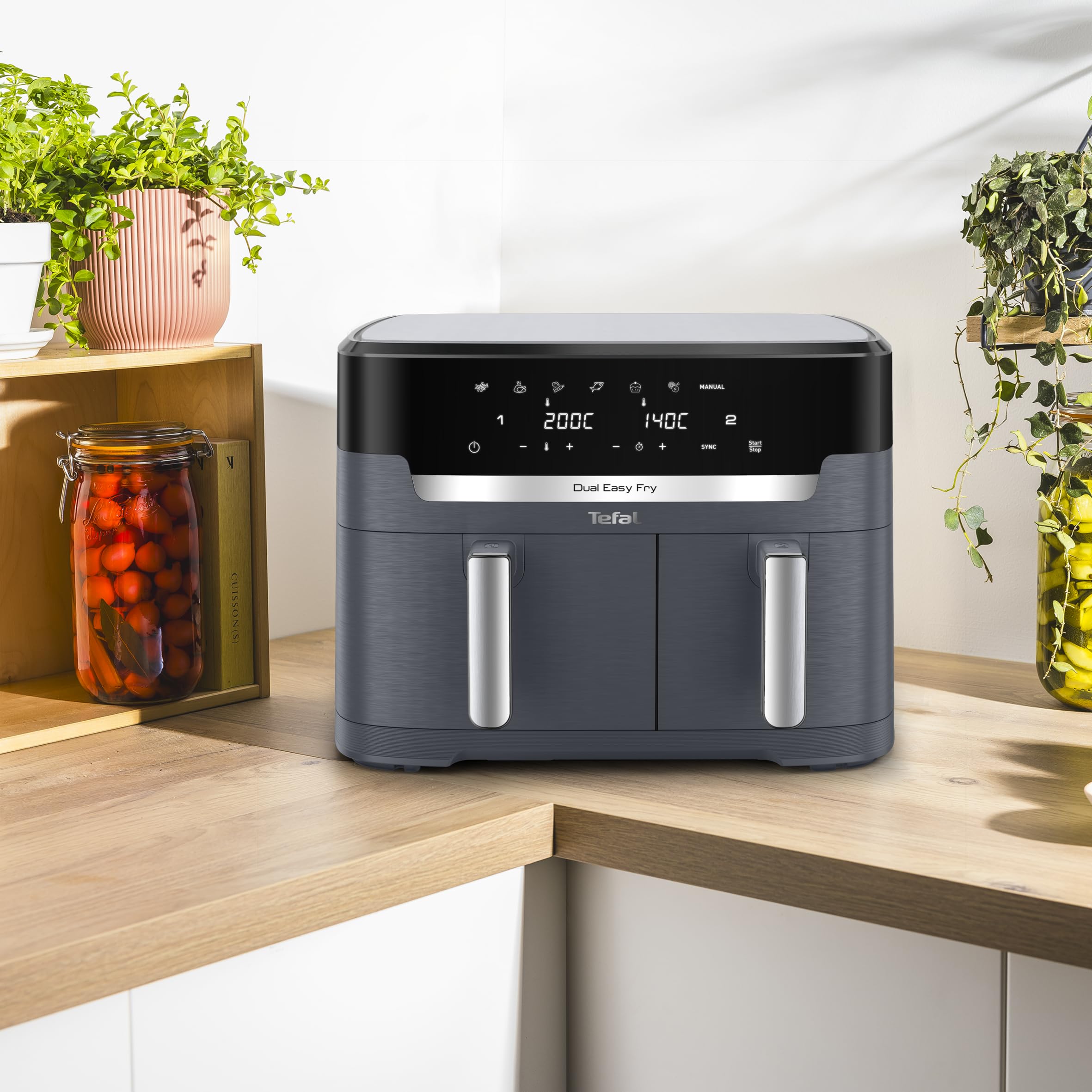 Tefal Dual Easy Fry, Friteuse à air chaud, Double chambre 11L, 6,5L et 4,5L capacité, 2Kg de nourriture, 99% de graisse en moins, 7 programmes automatiques, Gris, EY942BE0