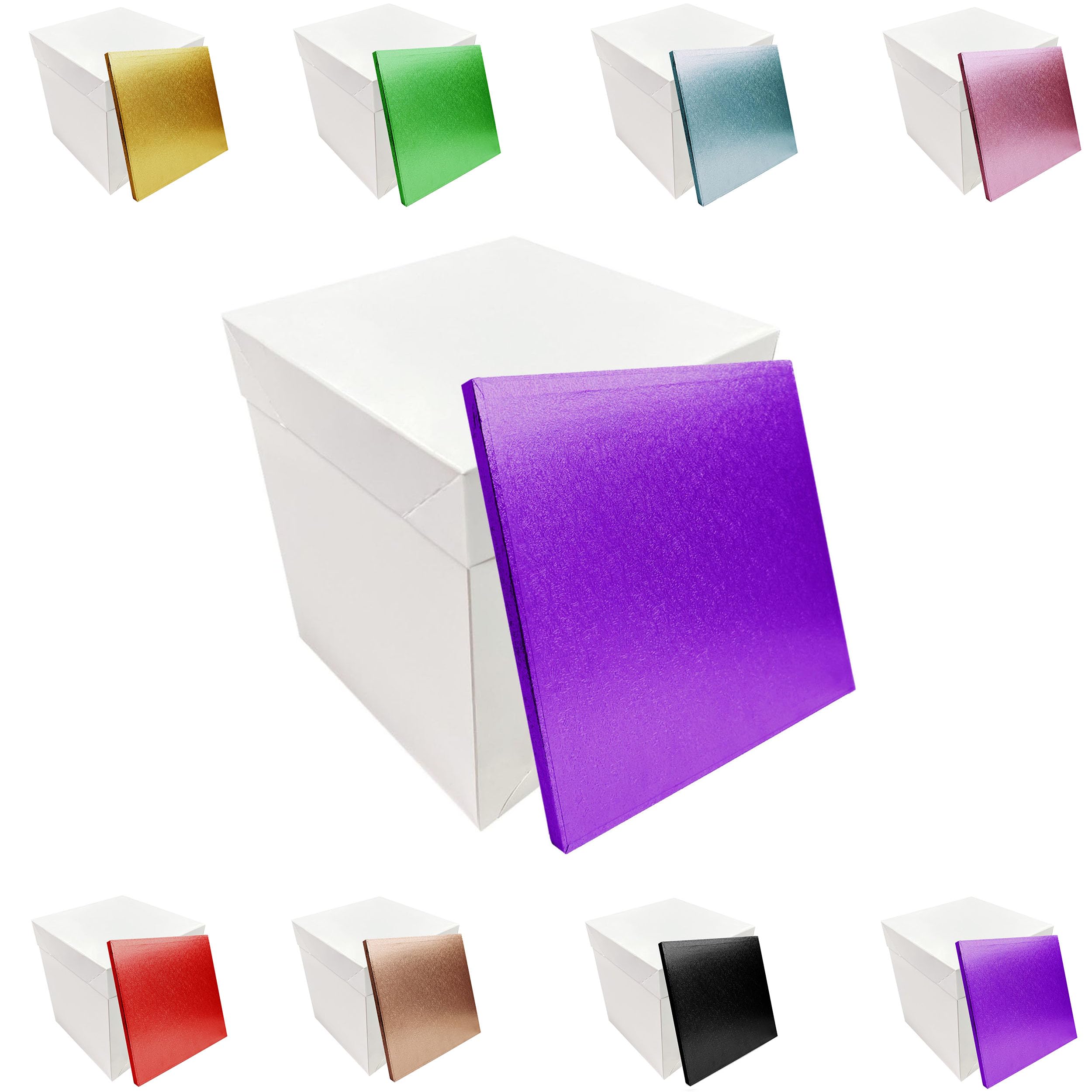 LARRYROO Tall White Extra Deep Cake Box + Lid & Square Colour Cake Drum Board Combo Pack for High Celebration, Wedding, Birthday Cakes (Purple, 12 Inch)