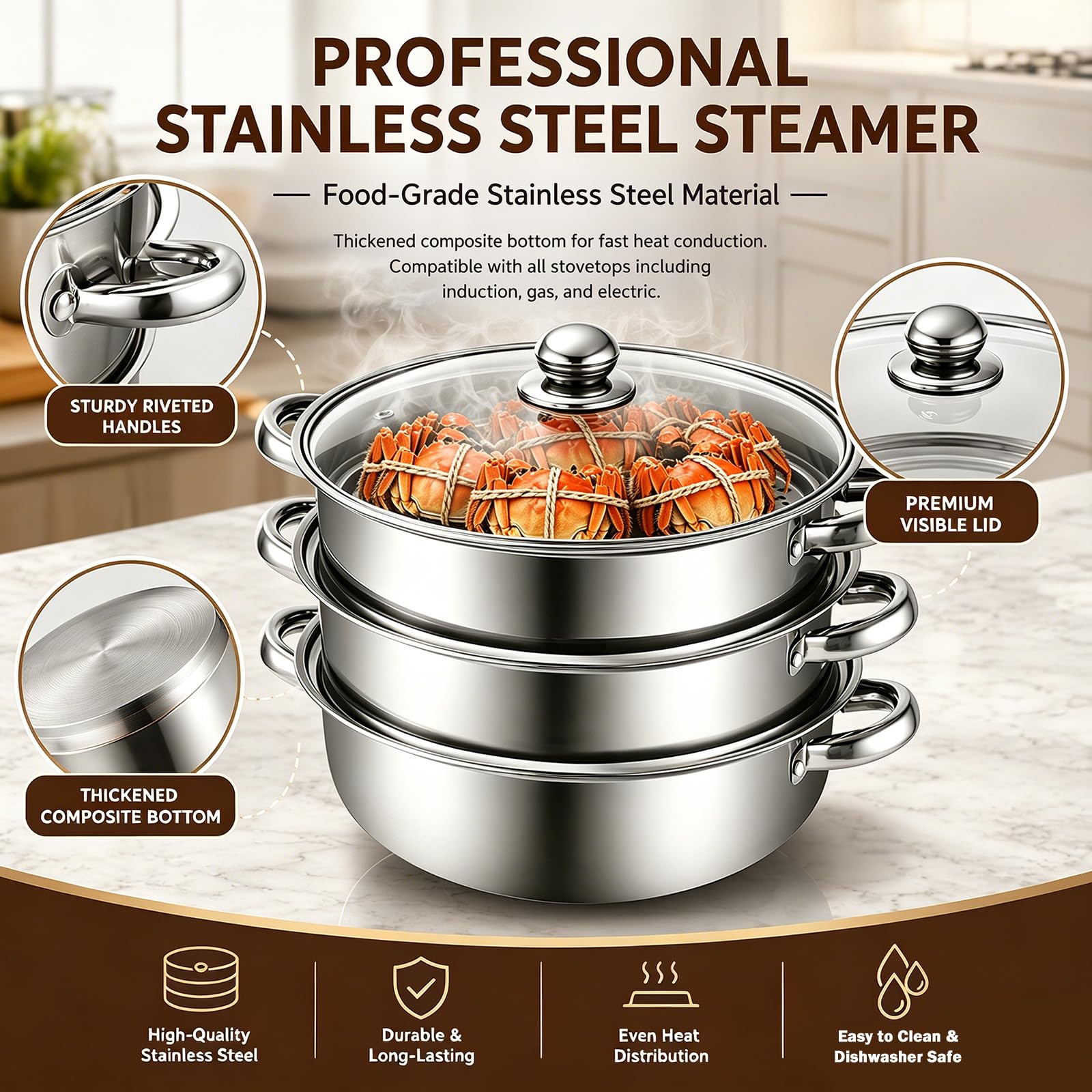 MeYuxg Dampfgarer zum Kochen,28cm Edelstahl Dampfkocher mit Dämpfeinsatz & Glasdeckel,3/4 Lagiger Dampfgarer Topf Induktionsgeeignet für Gemüse, Meeresfrüchte, Suppen, Nudeln,Fisch (Drei)