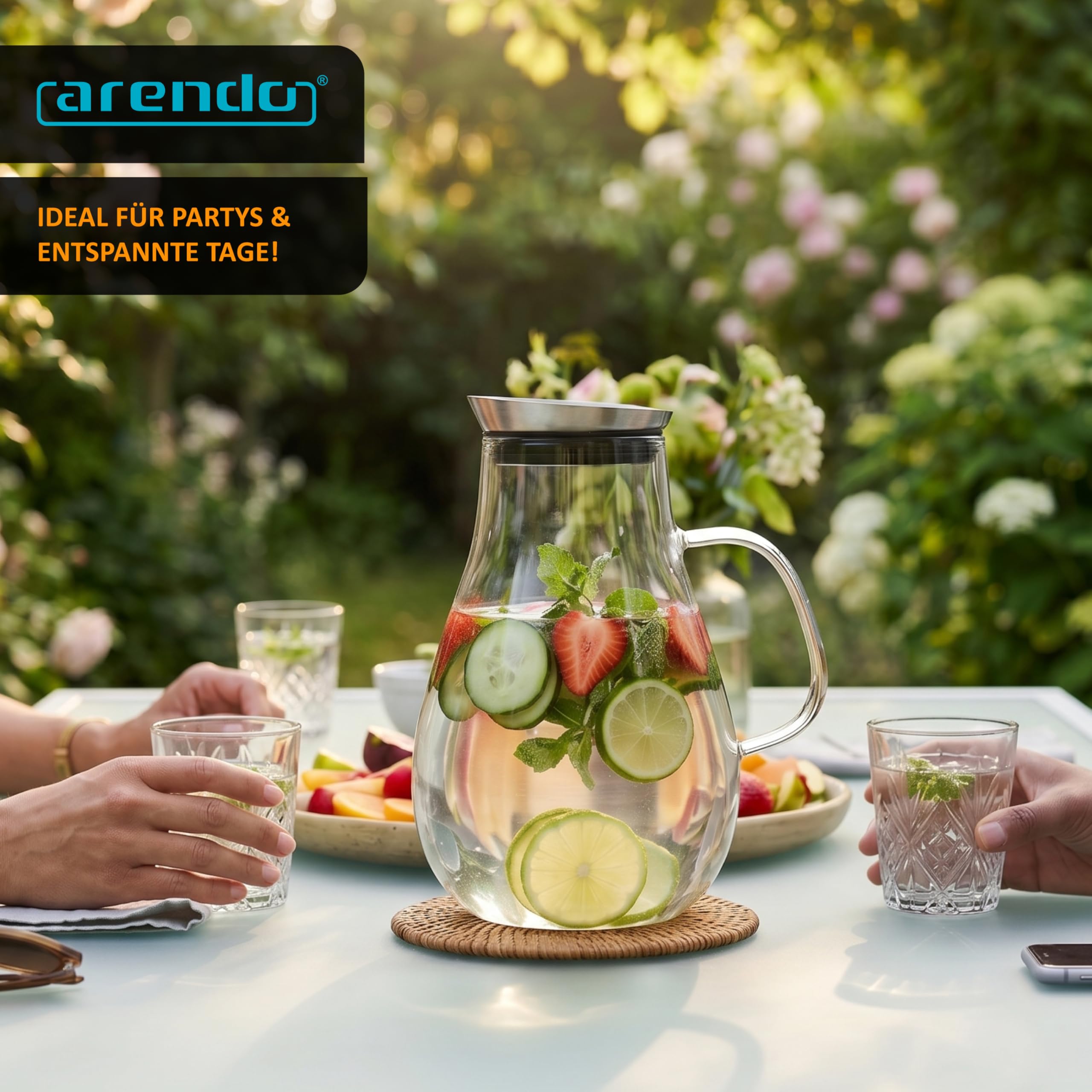 Arendo - Glaskaraffe 2500 ml, Karaffe aus Glas mit Deckel 2,5 L, Wasserkaraffe mit Edelstahldeckel und integriertem Grobfilter, Borosilikatglas, Haltegriff, Temperaturbereich –20 °C bis +150 °C