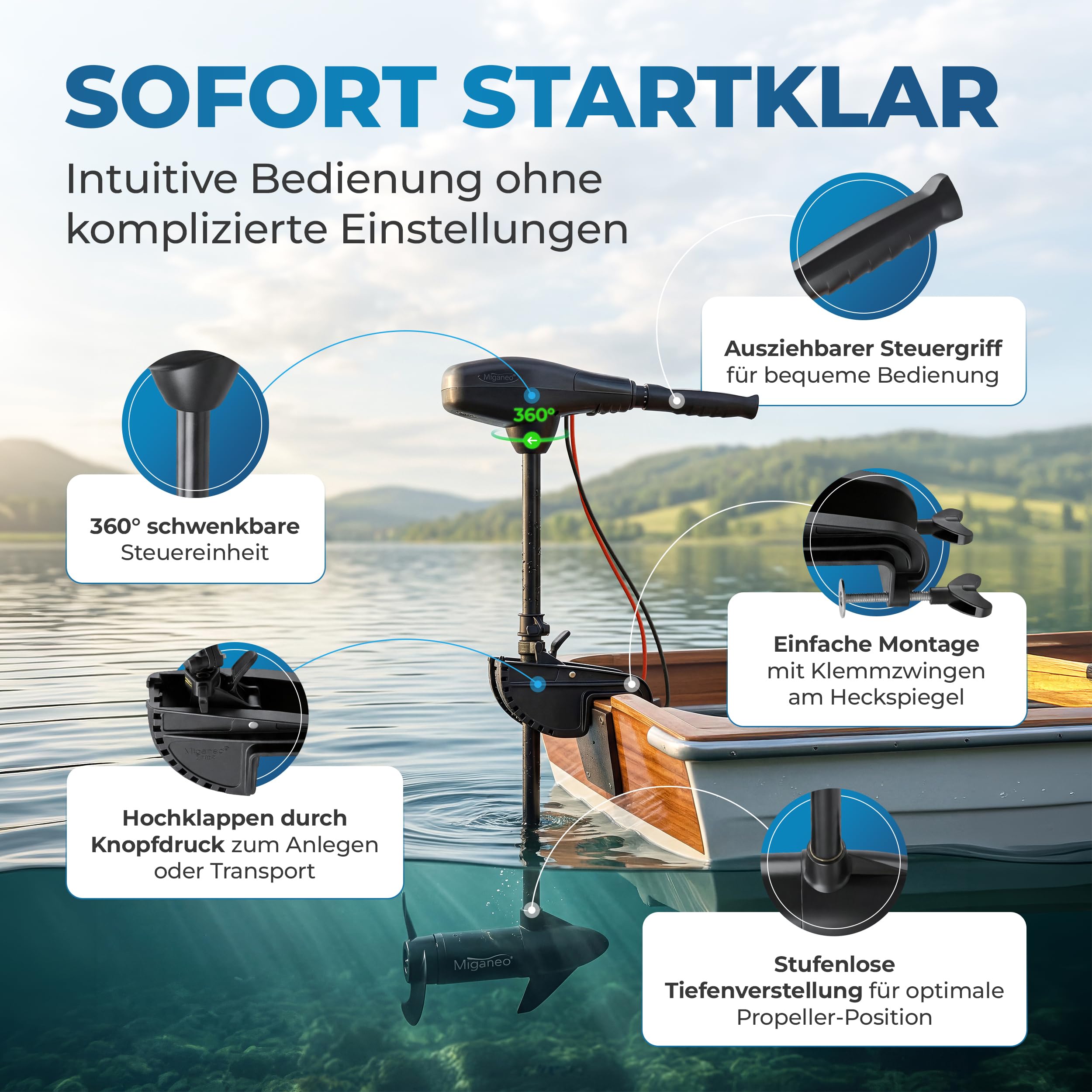 Miganeo® Motore fuoribordo Elettrico per Barche Fino a ca. 1.800 kg, 12 V, Potenza 25 KP, 624 W, idoneo per Immersione in Acqua salata, Dotato di Interruttore di Sicurezza