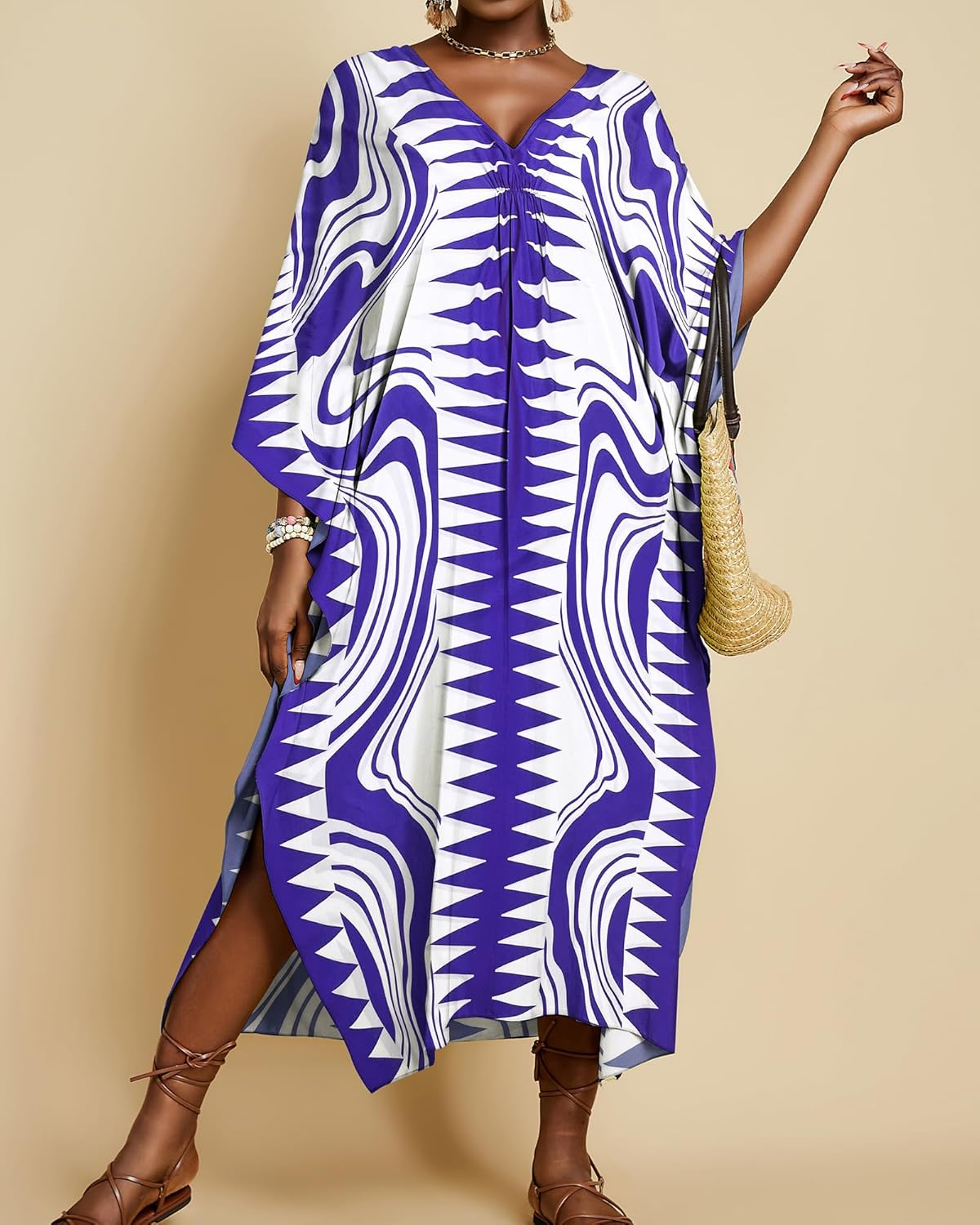 Bsubseach Kaftan Dresses for Women Geometric Print Caftan Long Beach Swimsuit Cover Up Loungewear Dress - Image 4