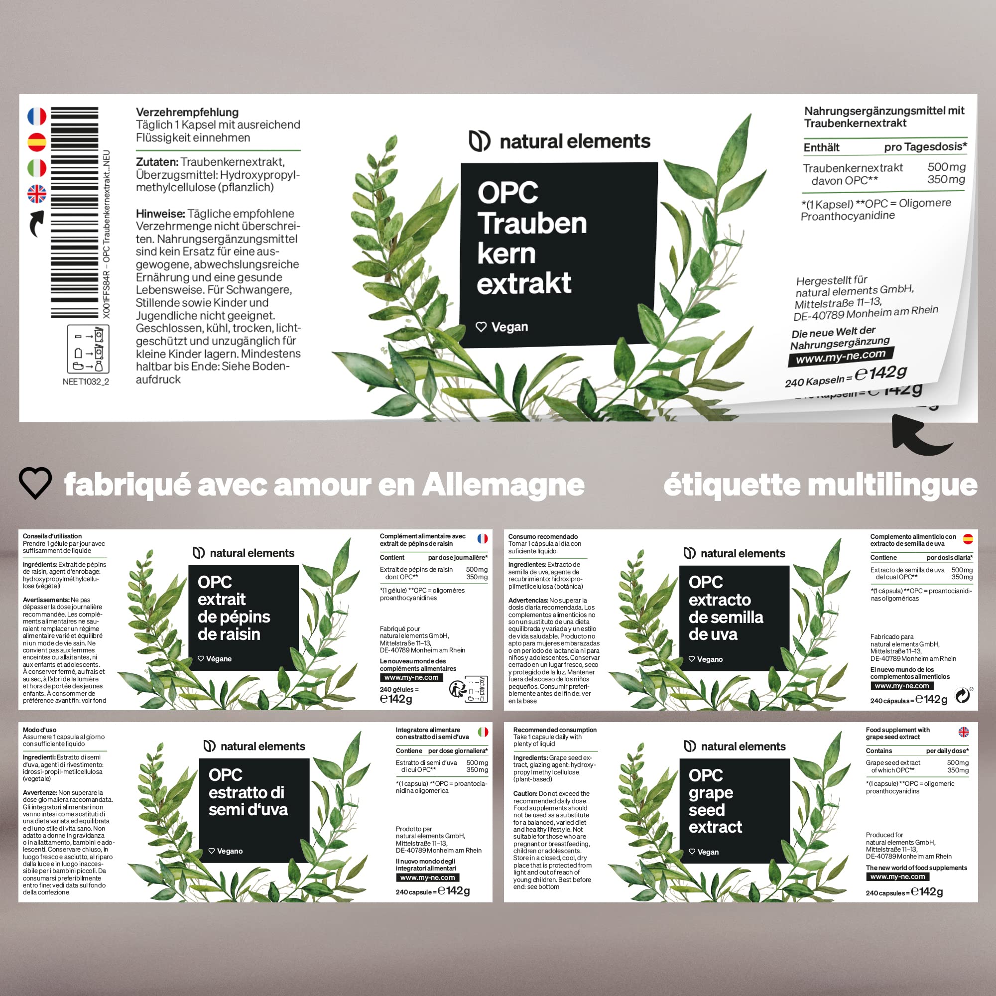 OPC extrait de pépins de raisin – 240 gélules hautement dosées pour 8 mois – OPC testé en laboratoire issu de raisins français – végane, fabriqué en Allemagne