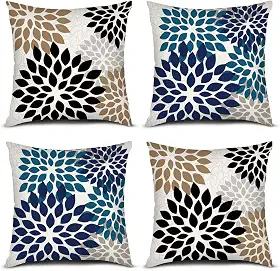 PICKFORU Capas de almofada azul marrom 45,7 x 45,7 cm, conjunto de 4 capas de almofada com estampa geométrica de dália de flores modernas para decoração de casa