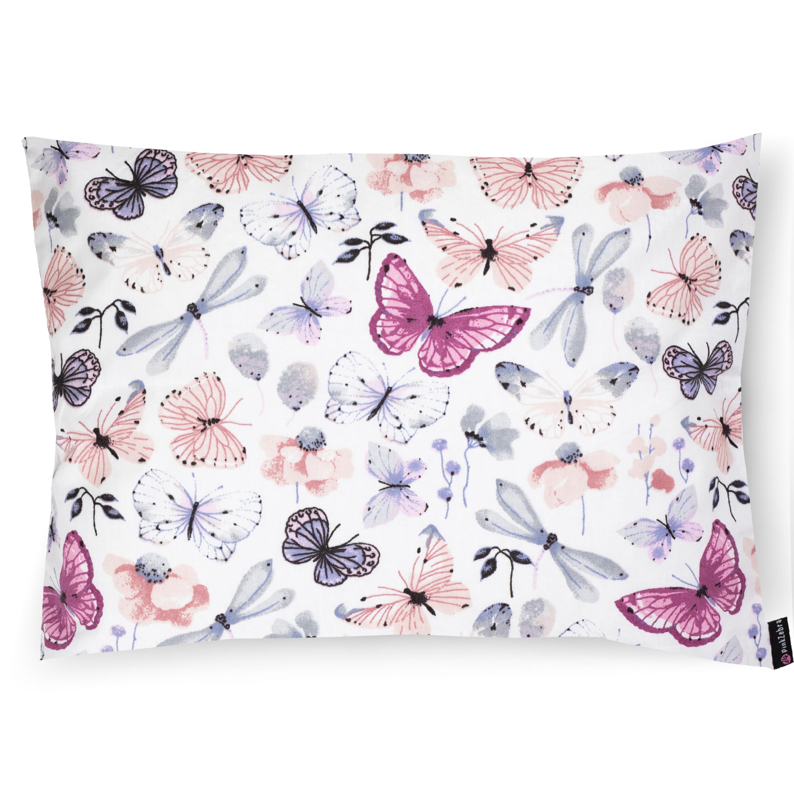 PinkZebra 40 x 60 cm Kopfkissenbezug Kinder, Kissenbezug aus 100% Baumwolle, Kissenhülle, Öko-tex Standard 100, Bezug mit Reißverschluss, Made in EU, Schmetterlinge und Libellen