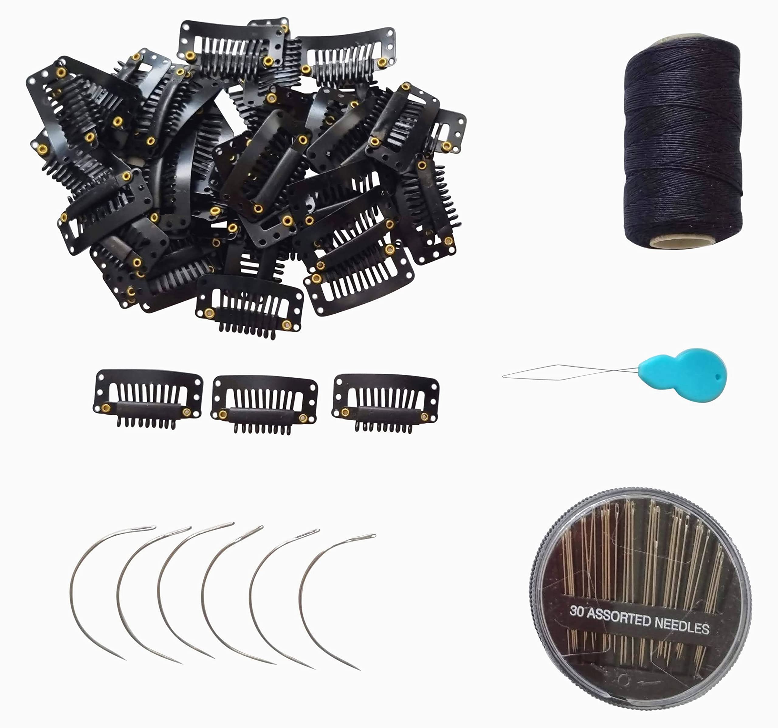 Estellar Pro Black Wig Clips Set - Hair Extension Snap Hair Clips Wig Grip 9-Teeth - Wigs Making Set - Weave Wefts - Needles Thread Weaving Kit