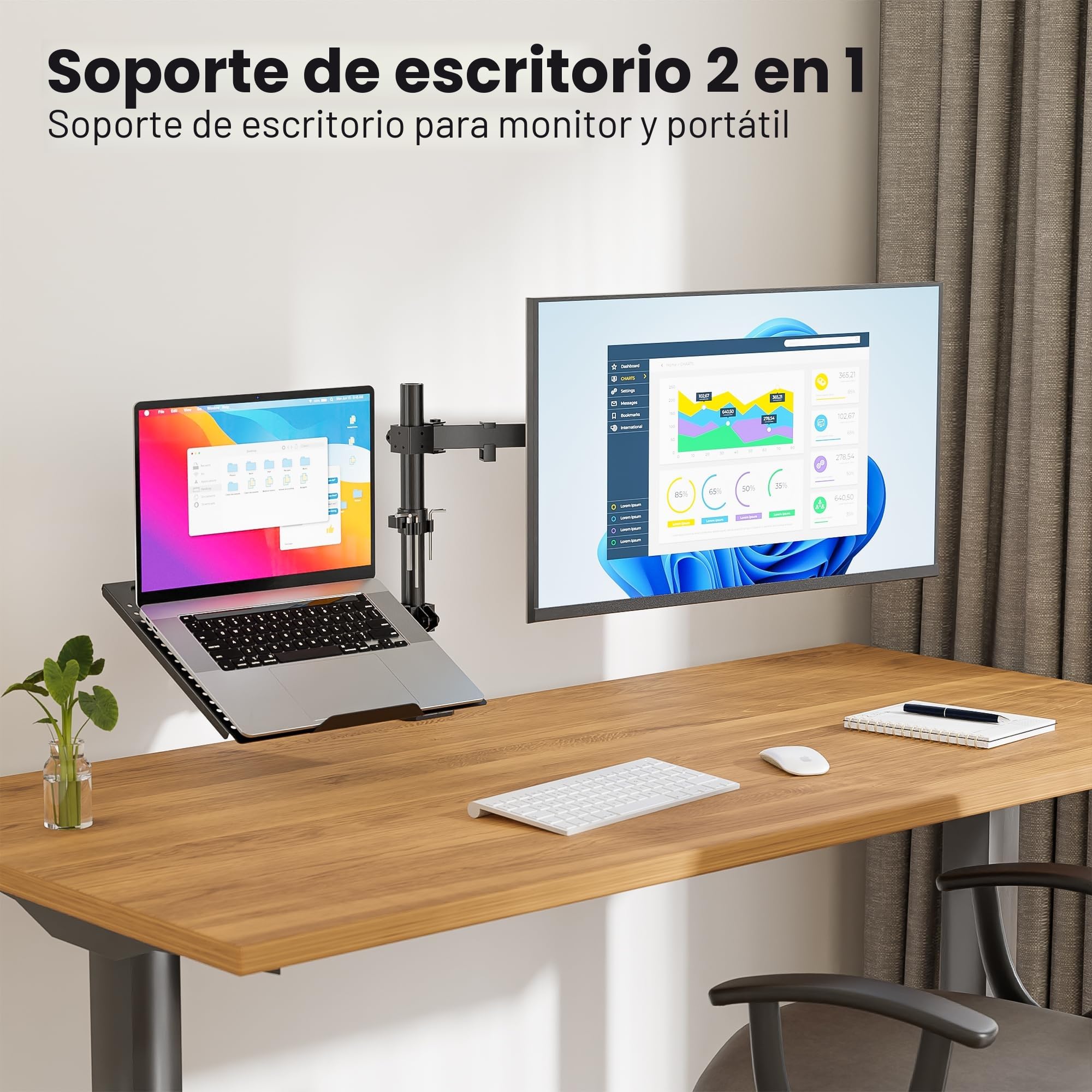 REDBAT Brazo para Monitor de 13 a 32 Pulgadas Pantalla LED LCD, con Bandeja para Portátil hasta 16 Pulgadas, Soporte con VESA de 75/100 mm, 2 Opciones de Montaje
