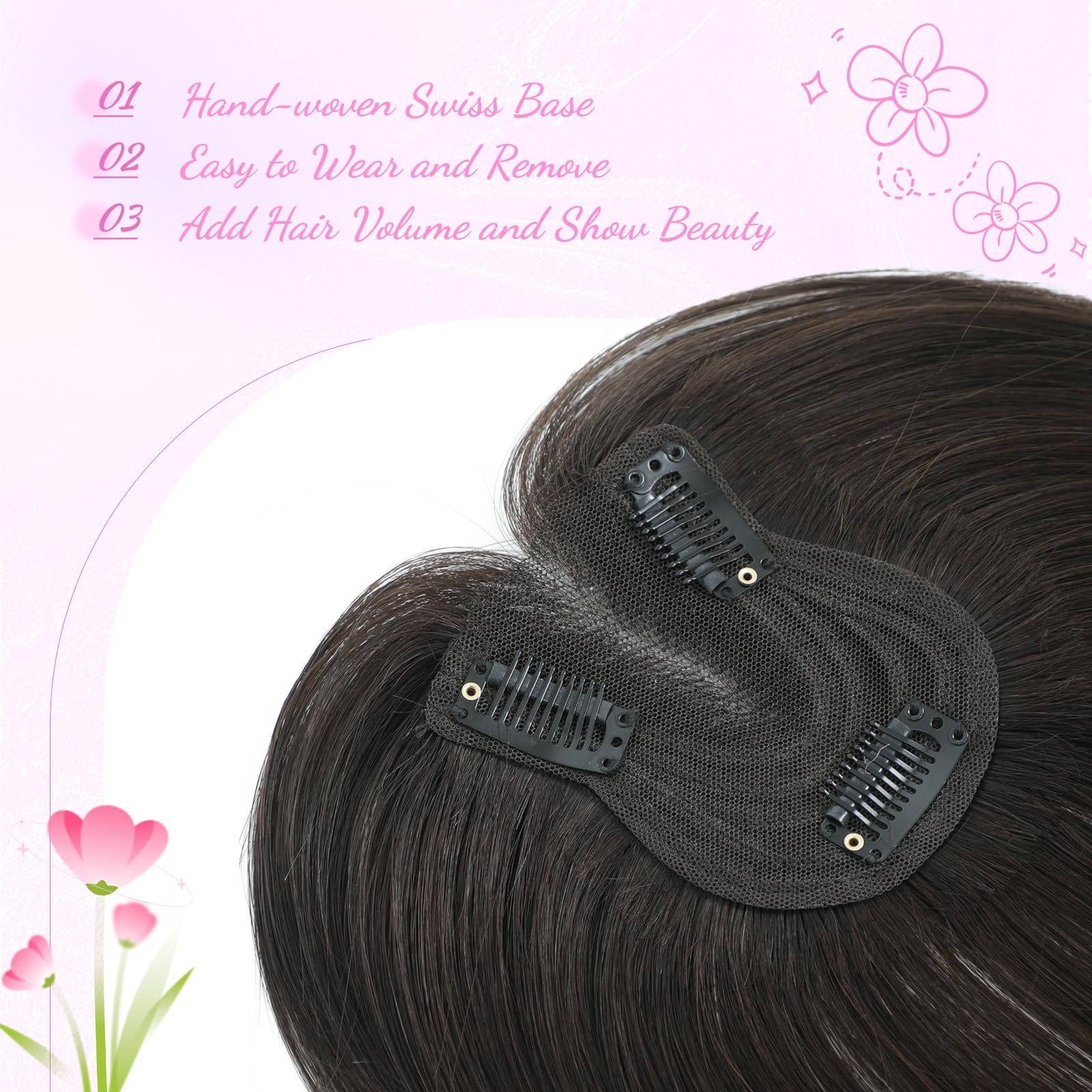 Hair Toppers for Women Fluffy Human Hair Topper 10inch Handmade Swiss Base Hairpieces 360° Cover Hairloss and Grey Hair (Dark Brown) - Image 3