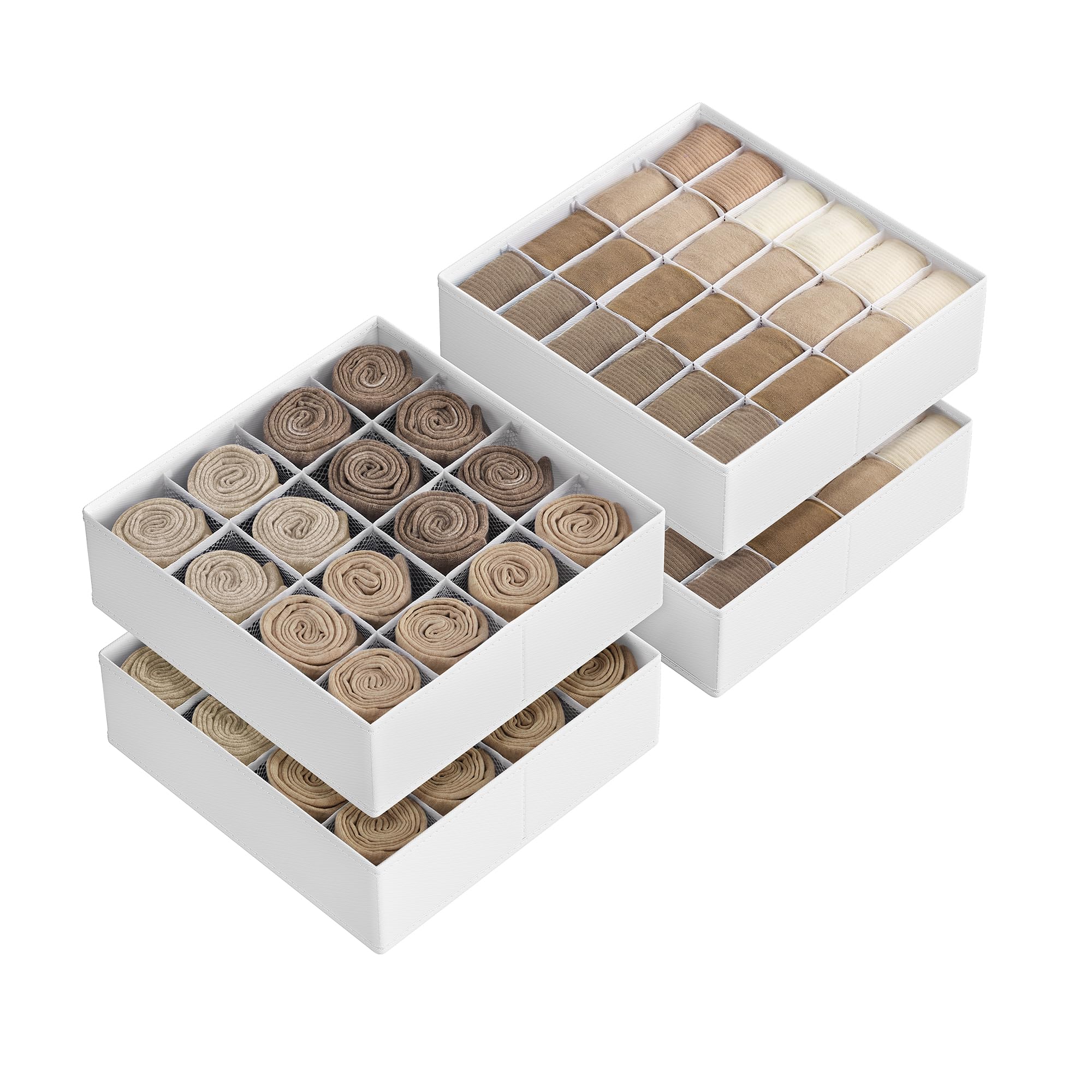 SONGMICS Juego de 4 Organizadores de Cajones, 80 Compartimentos (2x16+2x24), Cajas Plegables para Armario, 30 x 30 x 10 cm, para Calcetines, Ropa Interior, Corbatas, Blanco Nube RUS011W01