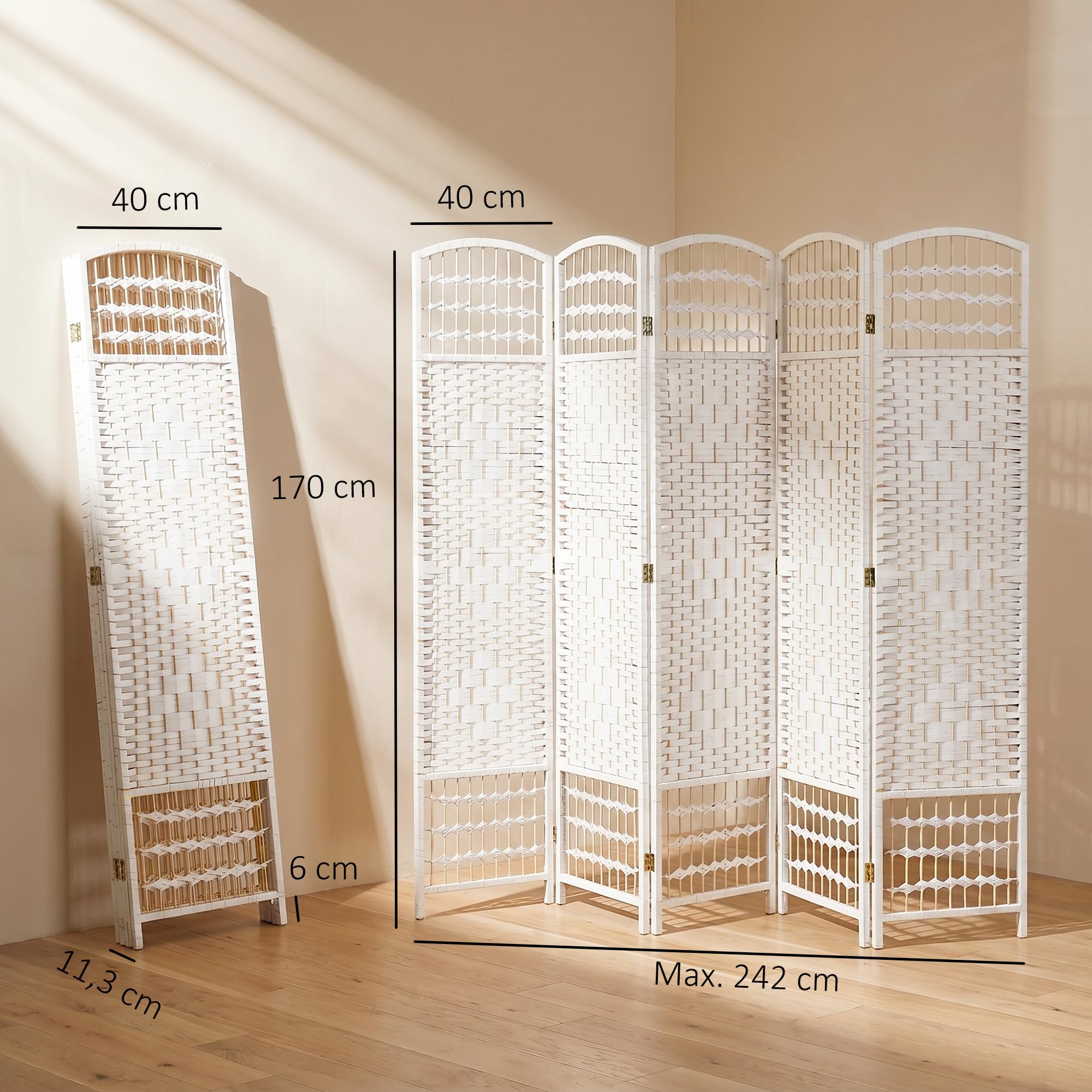 HOMCOM Biombo de 6 Paneles Separador de Ambientes Plegable 242x170 cm Divisor de Habitación de Fibra de Papel y Marco de Madera Decoración Elegante para Dormitorio Salón Blanco