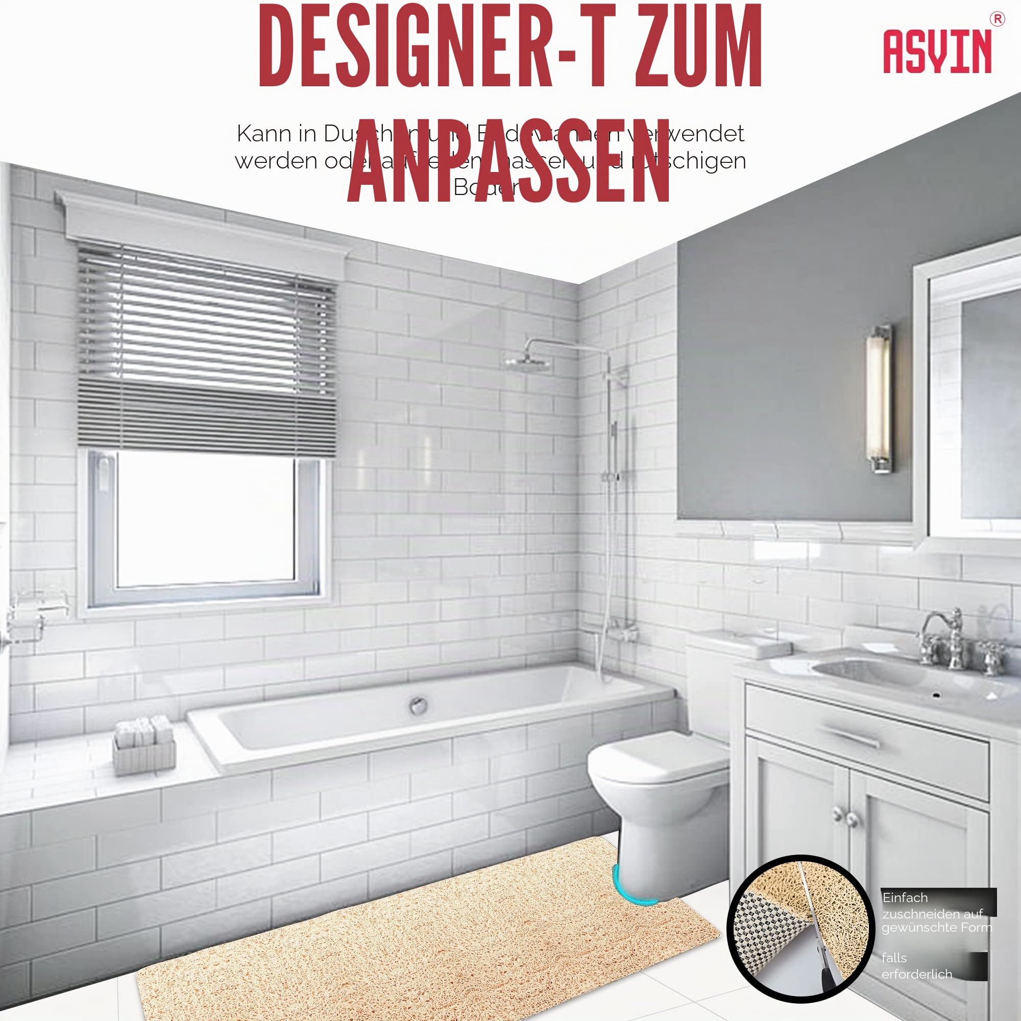 Asvin Weiche, strukturierte, rutschfeste Bade- und Duschmatte für Dusche und Nassbereiche, 40x60 cm, Beige, schnell trocknend, antibakteriell und schimmelresistent