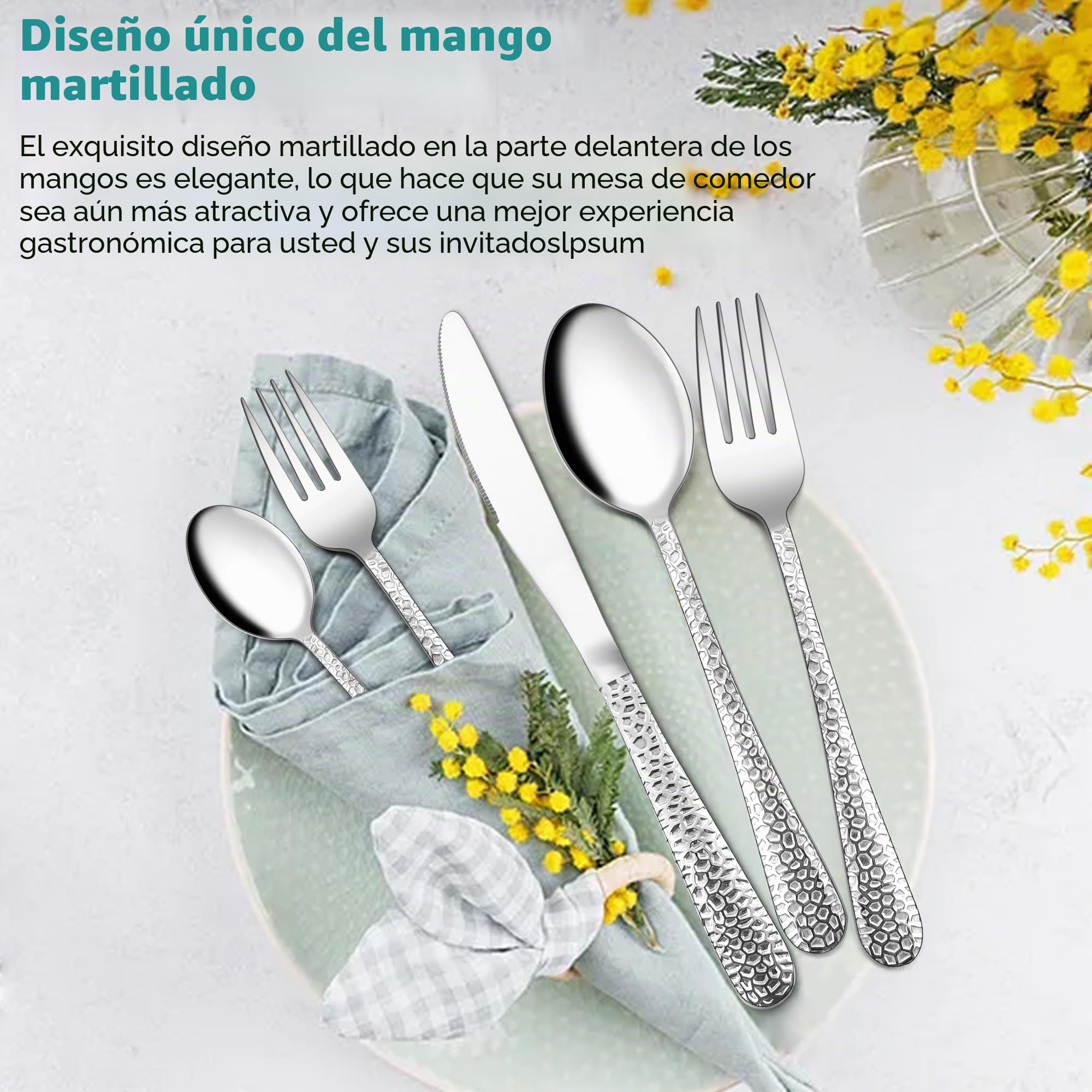 Homikit Juego de cubertería de 60 piezas para 12 personas, cubiertos de acero inoxidable martillados, cubiertos con cuchillo, tenedor, cuchara para familia, fiestas, restaurantes, mango redondo y apto