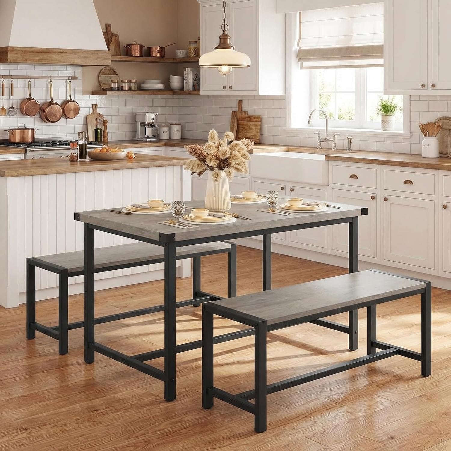 Garvee Dining Table Set for 4, Kitchen Table with Benches, 3 Piece Rectangular Dining Room Set with 2 Wooden Benches for Small Space, Apartment, Studio, Home, Rustic Gray