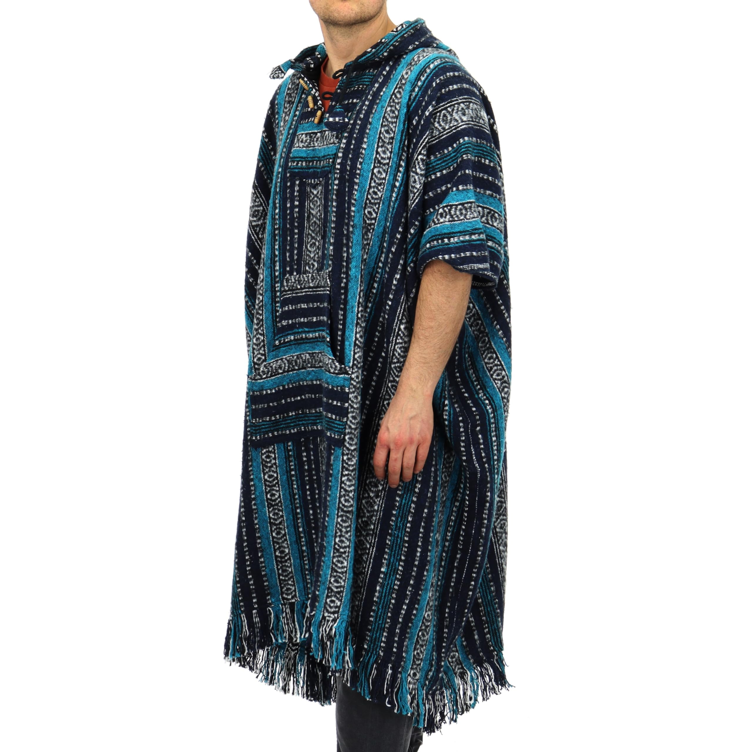 Loudelephant Women's Blue & White 100% Woven Cotton Long Hooded Poncho