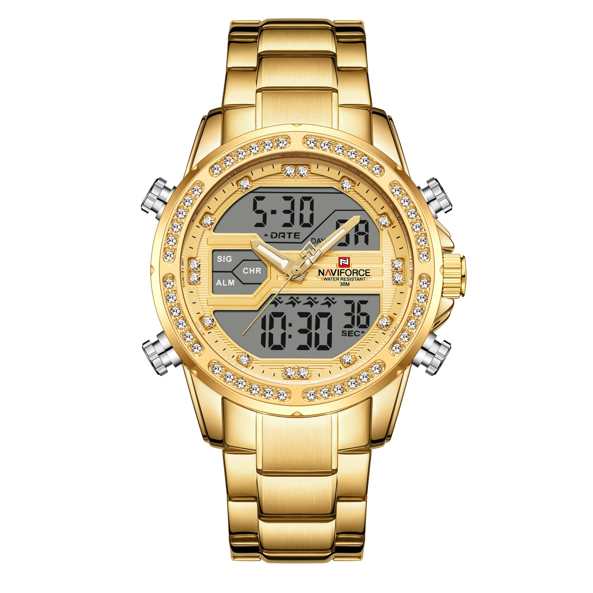 NAVIFORCE 9190 Men Watch 3ATM Business Chronograph Mens Watches Top Brand Stainless Steel Waterproof Quartz Relogio Masculino Silver | (Color:Gold Gold) (B09M3PX8ZP) Amazon Price History, Amazon Price Tracker