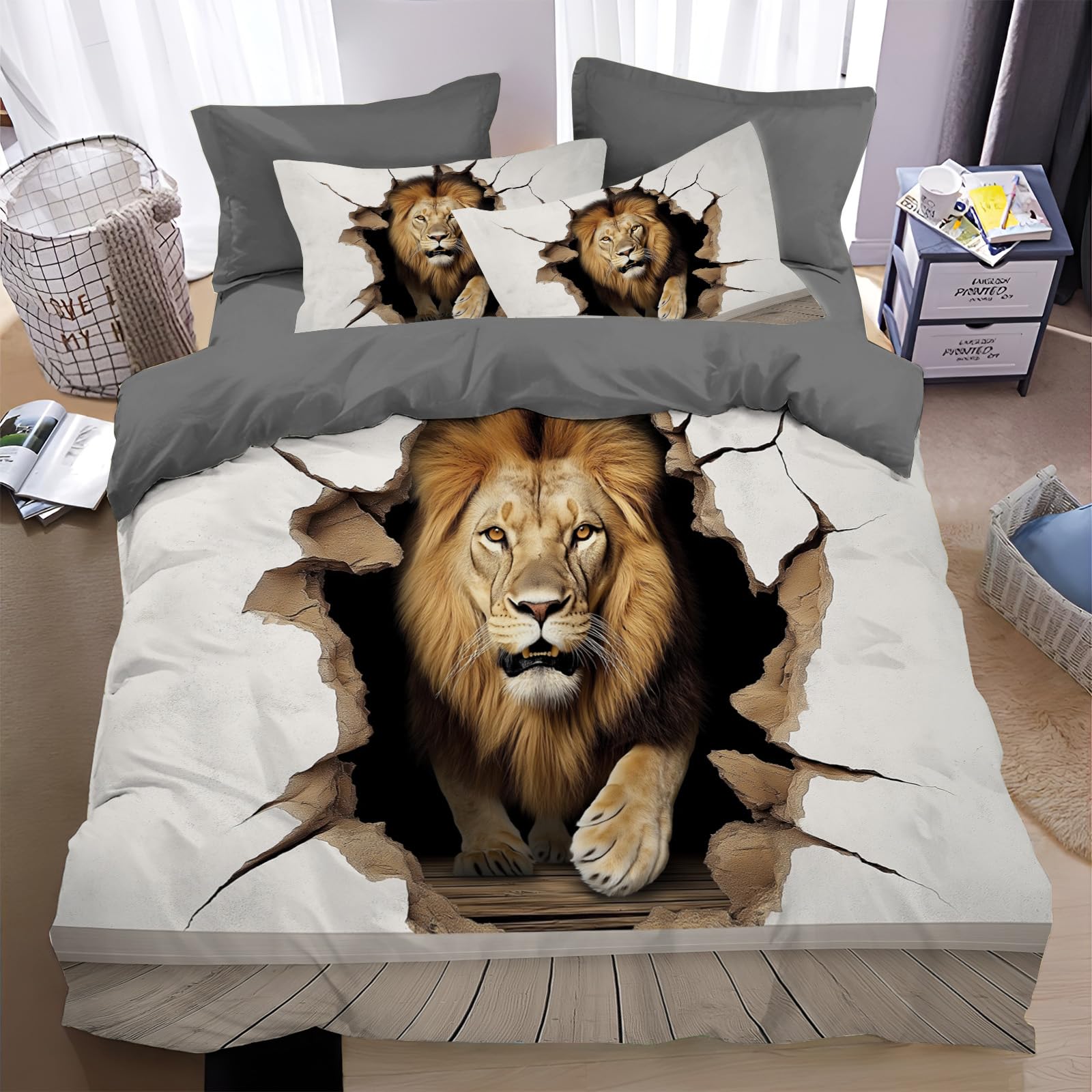 Housse de couette 240x260 cm lion animal parure de lit microfibre