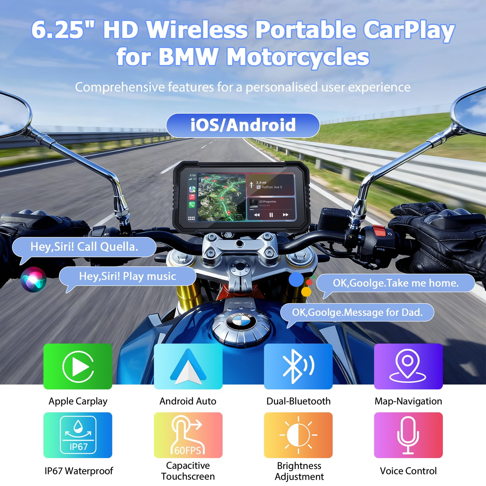 Carplay Schermo per BMW Moto Senza Fili CarPlay Android Auto Display Carplay Moto 6,25 Pollici Touchscreen Impermeabile IP67 Schermo Car Play Bluetooth Navigazione Controllo Vocale Mirror Link