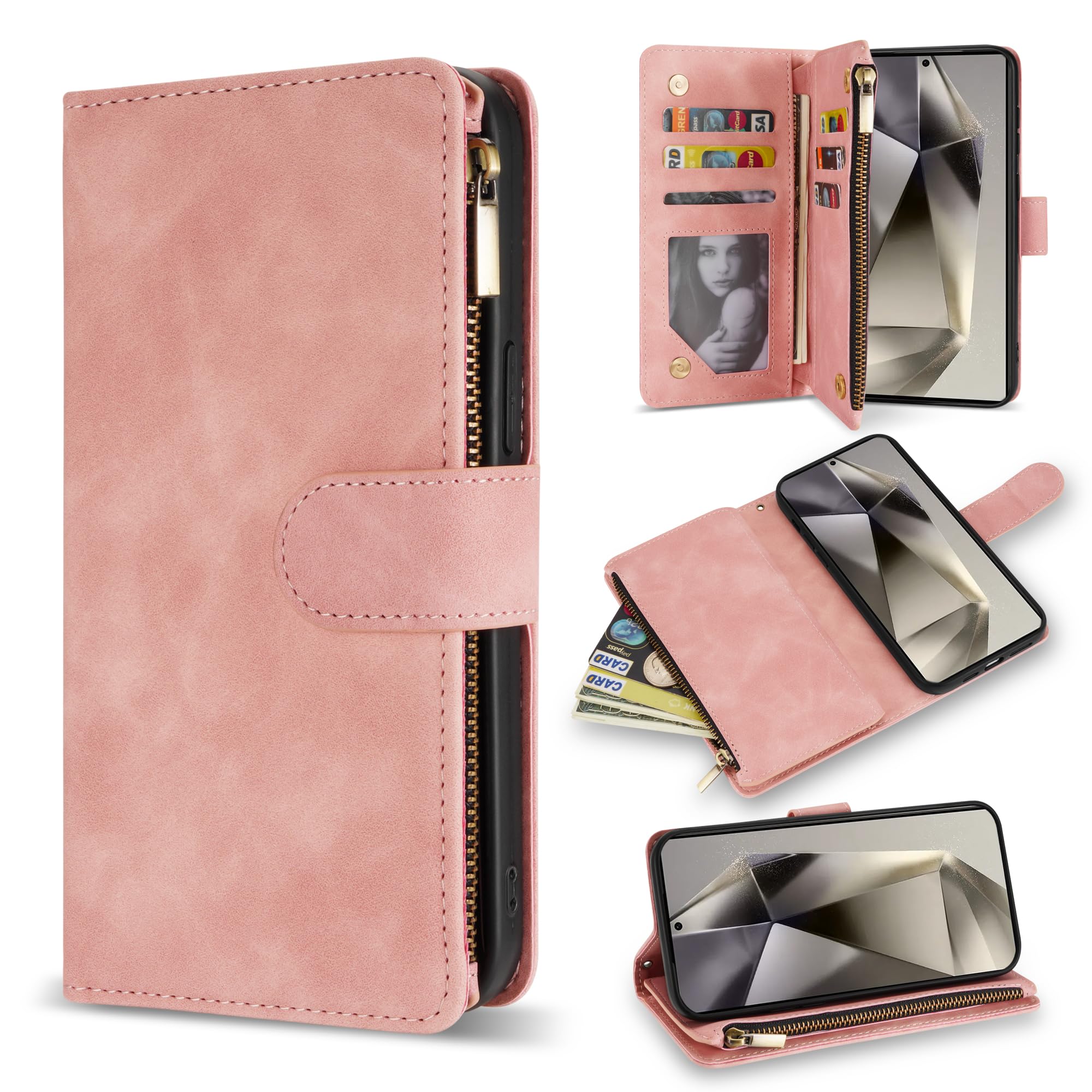 ZZXX for Samsung Galaxy S24 Ultra Wallet Case with RFID Blocking Card Slot PU Leather Zipper Flip Folio with Strap Kickstand Protective Cover for