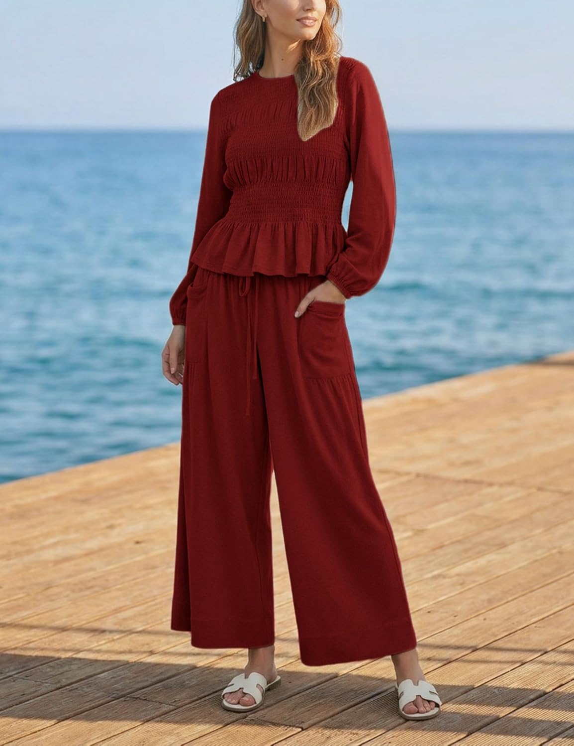 Womens 2-Piece Boho Long Sleeve Smocked Top & Wide Leg Pants Set Casual Lounge Outfit with Pockets - Image 4