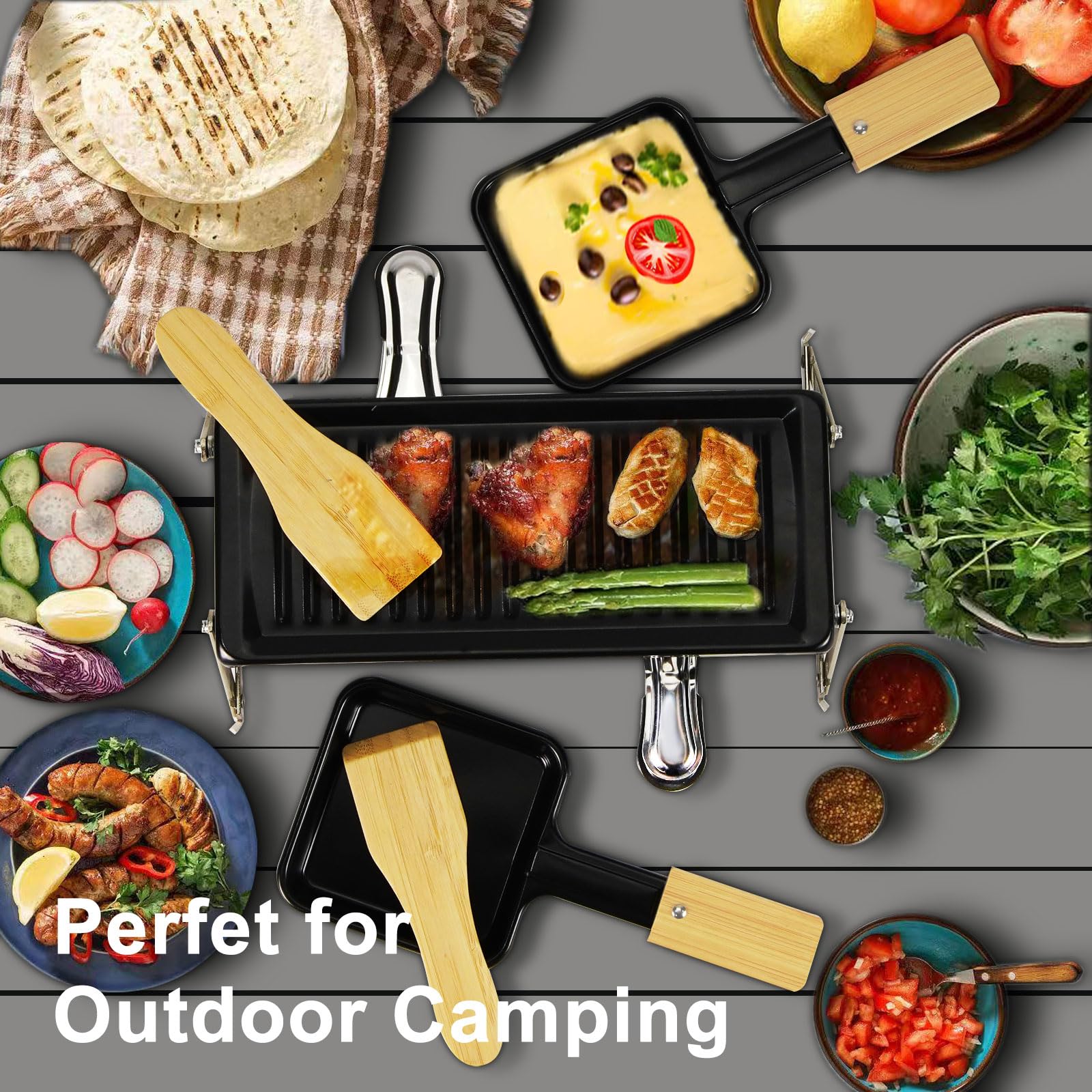 Mini Appareil à Raclette Portable pour 2 Personnes, Plaque Antiadhésive avec Gril, 2 Brûleurs à Alcool, 2 Spatules et Support Métallique Pliable pour Camping, Pique-nique et BBQ