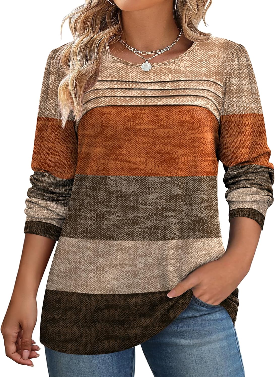 IN'VOLAND Plus Size Long Sleeve Tops for Women Fall Crewneck Shirts Pleated Casual Dressy Blouses 2025