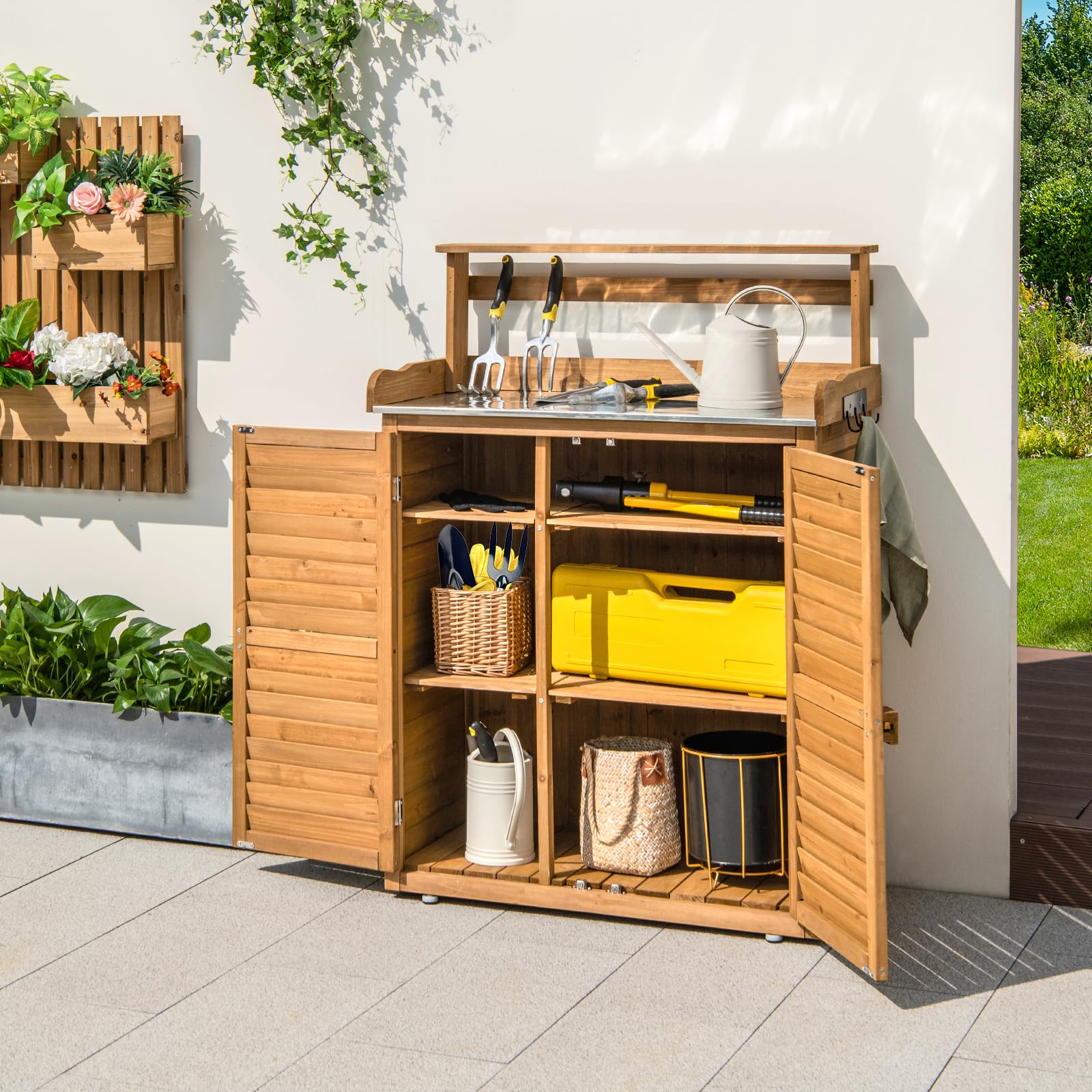 COSTWAY Armario Exterior de Madera Abeto, Cobertizo Exterior con Encimera de Metal Galvanizado, Estantes Extraíbles y 2 Puertas, Caseta Jardin Terraza Balcon, 87 x 45 x 120 cm (Natural)