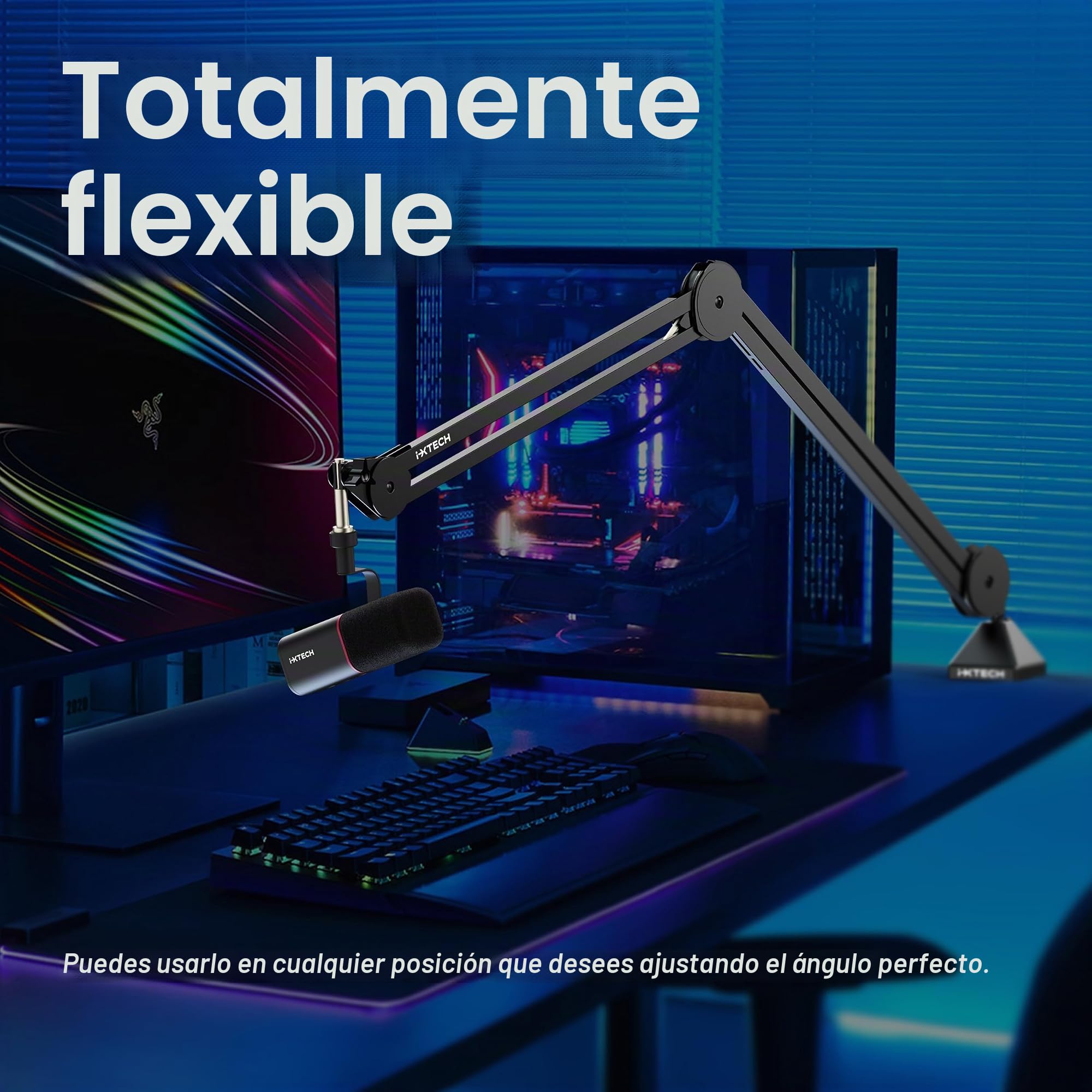 IXTECH Soporte de Brazo para Micrófono, Ajustable y Resistente con Bridas para Cables, Montaje en Escritorio para Juegos, Transmisión, Podcasting (Grande)