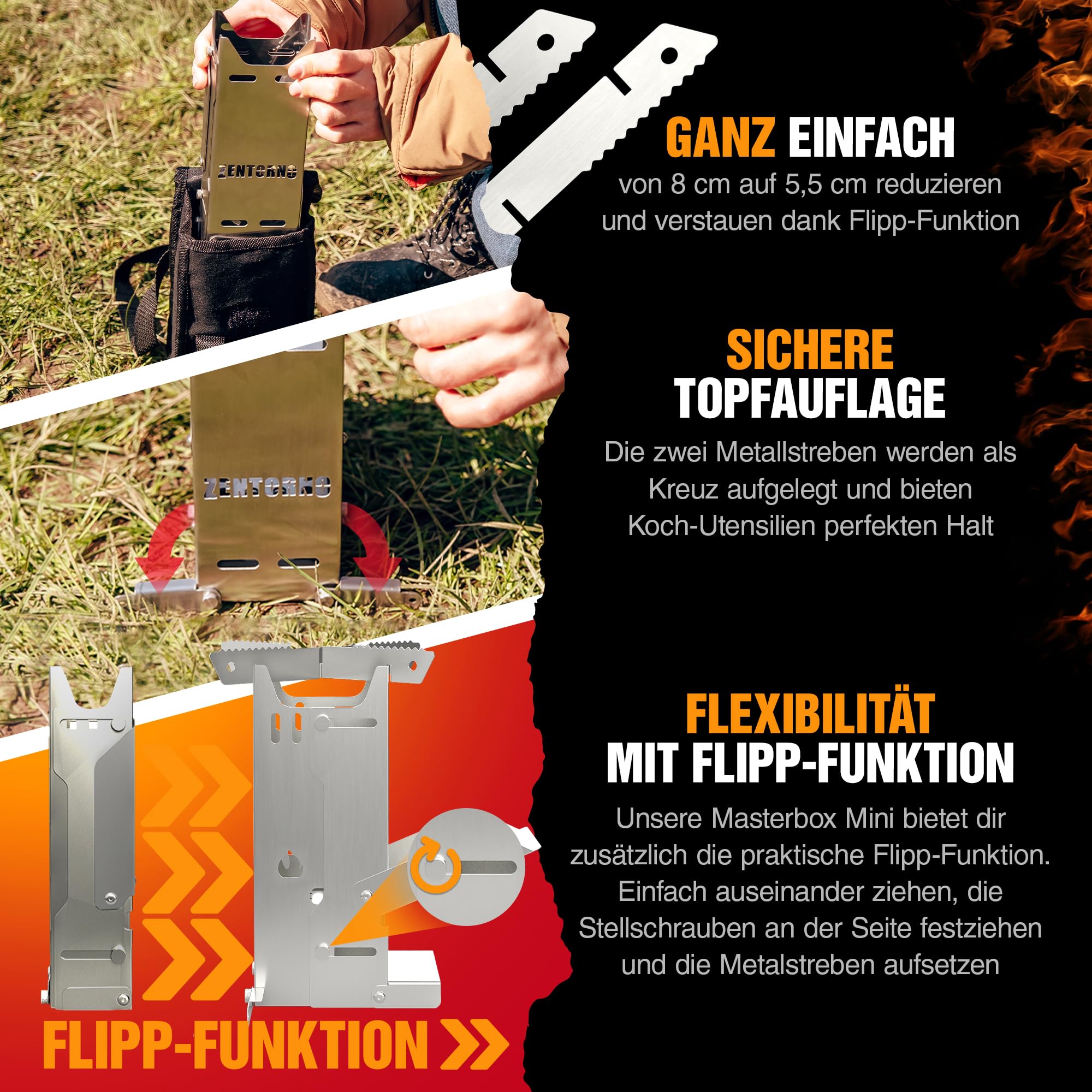 Zentorno® Rocket Stove 2023 - Estufa de leña para exteriores de acero inoxidable (inoxidable, para sartenes y ollas de hasta 17,5 cm de diámetro)