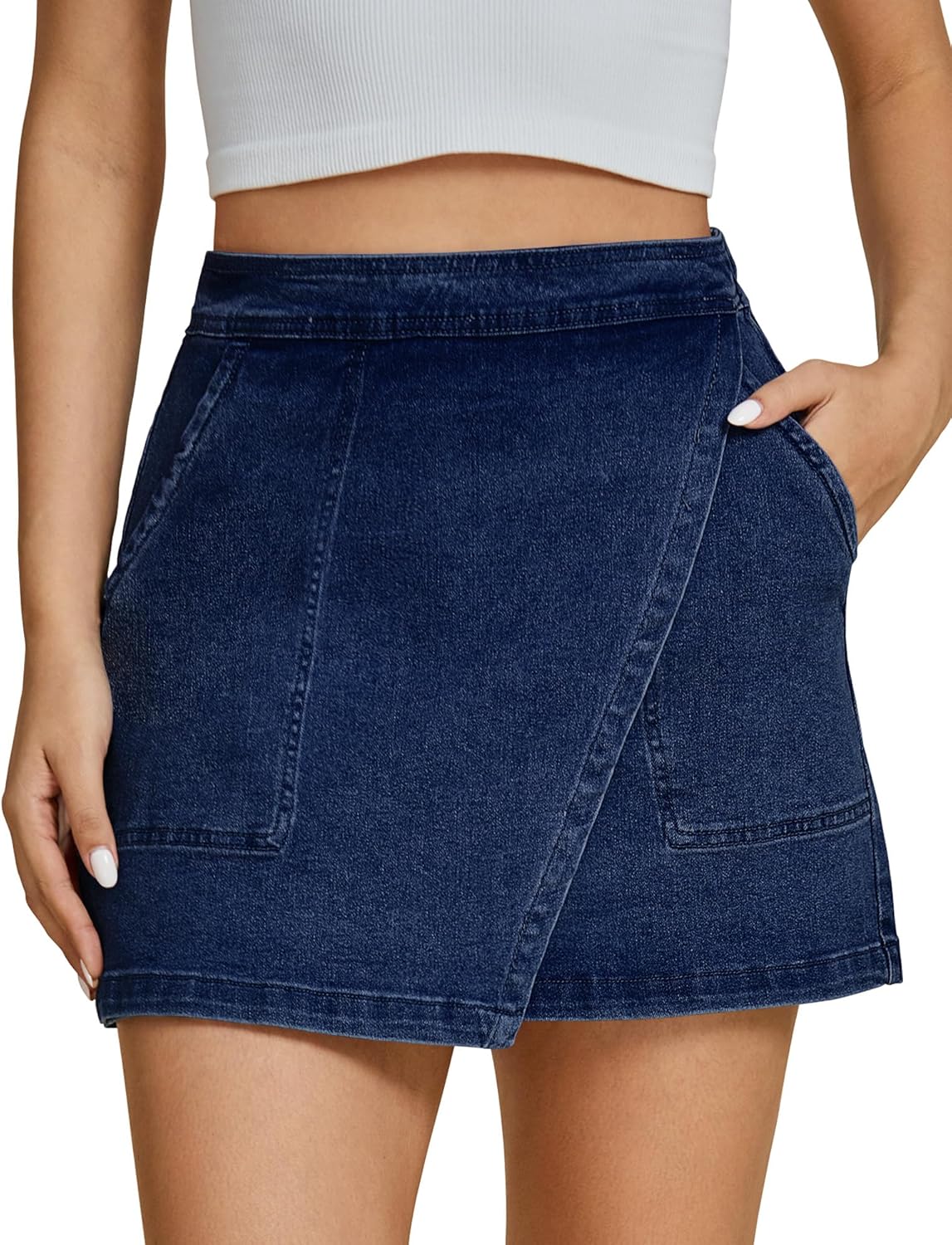 luvamia Jean Skirts for Women Denim Mini Trendy High Waisted Stretchy Asymmetrical Faux Wrap Short Skirt with Pockets