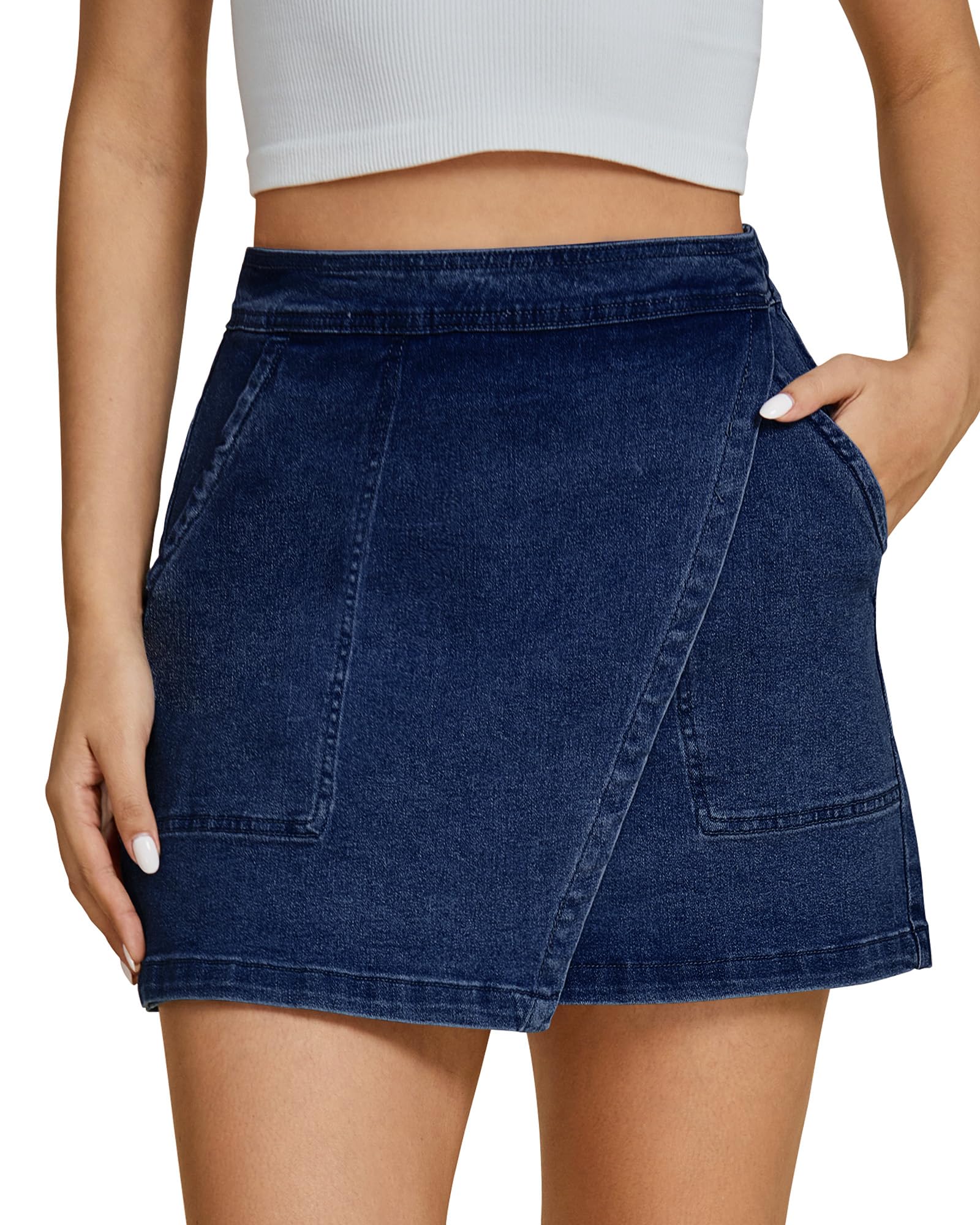 luvamia Jean Skirts for Women Denim Mini Trendy High Waisted Stretchy Asymmetrical Faux Wrap Short Skirt with Pockets