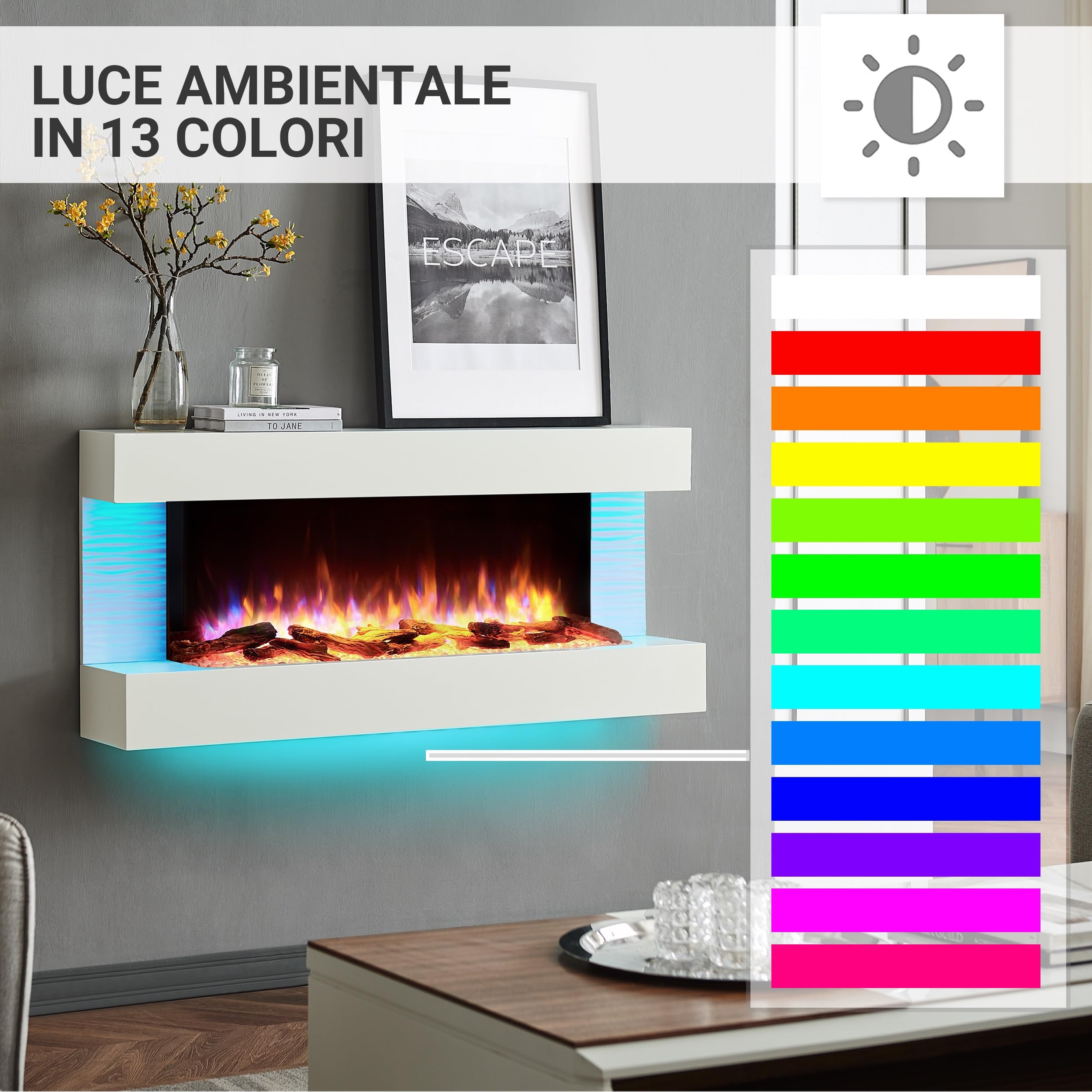 BALDERIA Camino Elettrico Helia | Caminetto da Parete con Effetto Fiamma 3D | Riscaldamento 2000 W | Focolare Sospeso con Telecomando, Timer, Termostato | Bianco