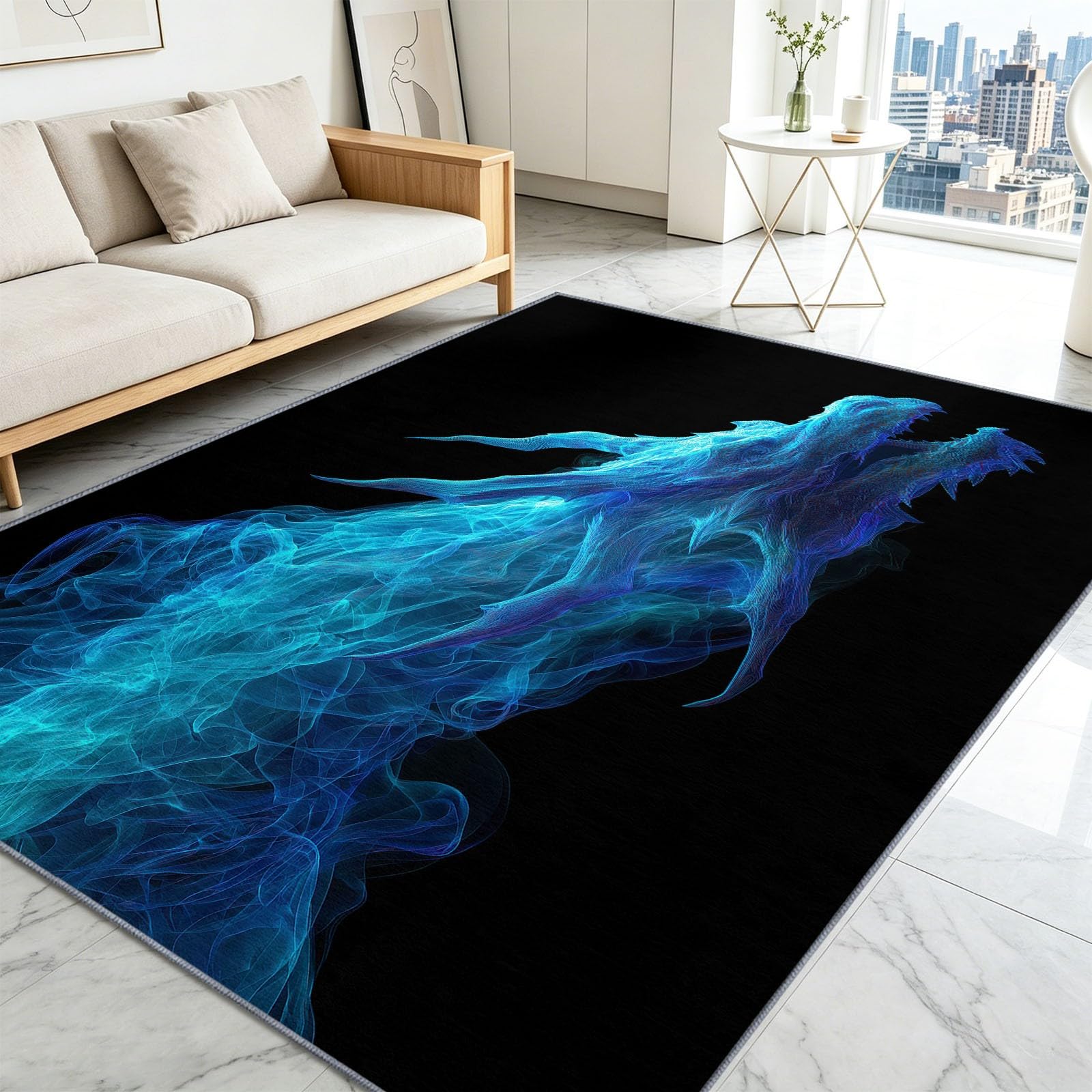 Tapis de Salon 160 x 230 cm, Dragon Fumée Verte Enfants Antidérapant Tapis Art Fantastique Poils Ras Doux Lavable Moquette pour Chambre Décoration Intérieure Paillasson Moquette