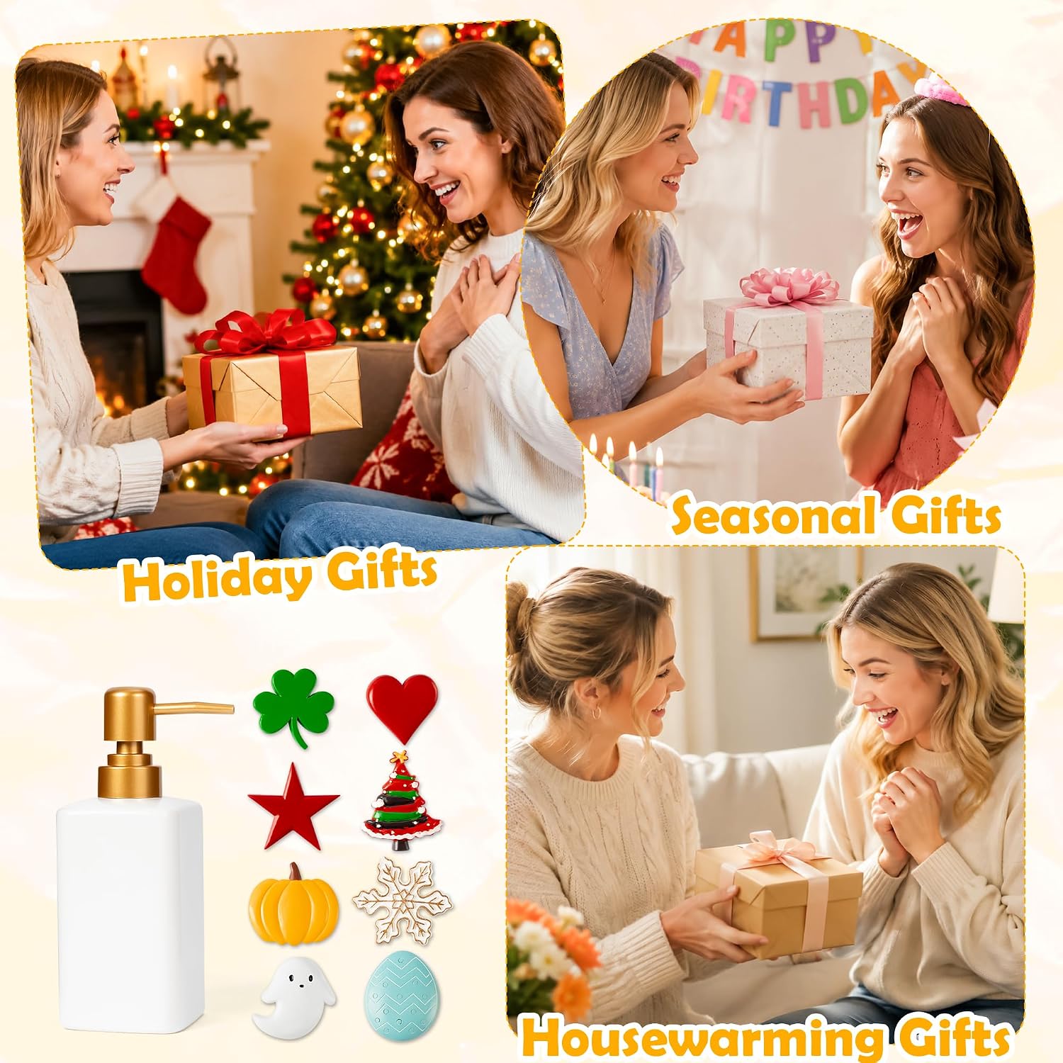 Seasonal Soap Dispenser Set with 8 Halloween Christmas Magnet Decor