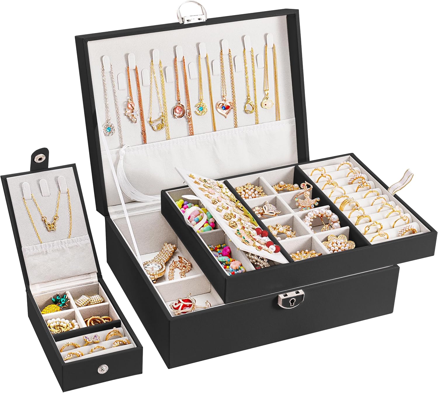 vickey Jewelry Box Organizer for Women Girls, 2 in 1 Jewelry Boxes & Organizers Large Jewelry Organizer Box for Rings Bracelet Necklace and Earring Organizer Jewelry Box with Small Jewelry Travel Box
