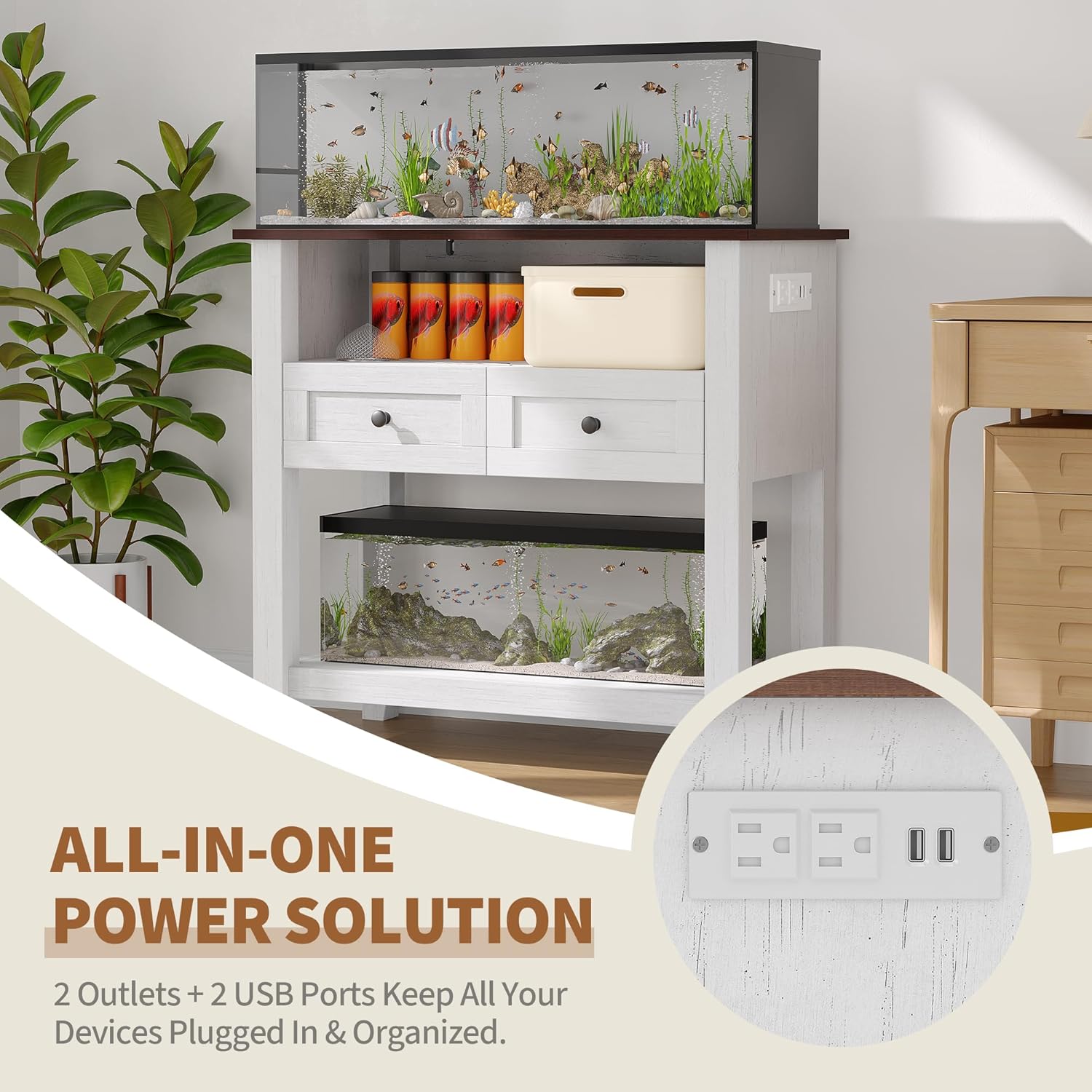 Garvee 20-29 Gallon Aquarium Stand with Charging Station, 660LBS Heavy Duty Fish Tank Stand with Drawers & Open Storage for Reptile Turtle Tank