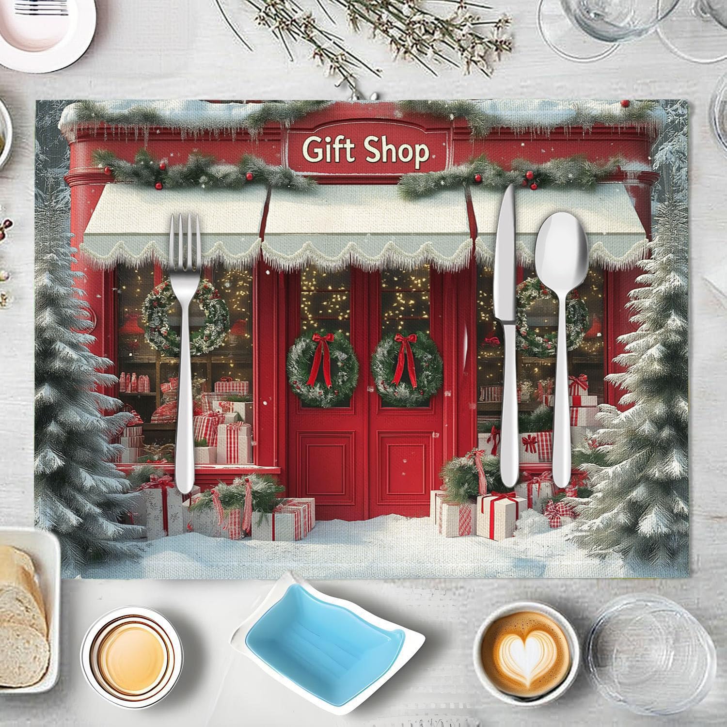 Decoración de mesa de Navidad, juego de 6 manteles individuales de tienda de chocolate, decoración de Navidad, manteles individuales rojos profundos para el hogar, lavables, a prueba de calor