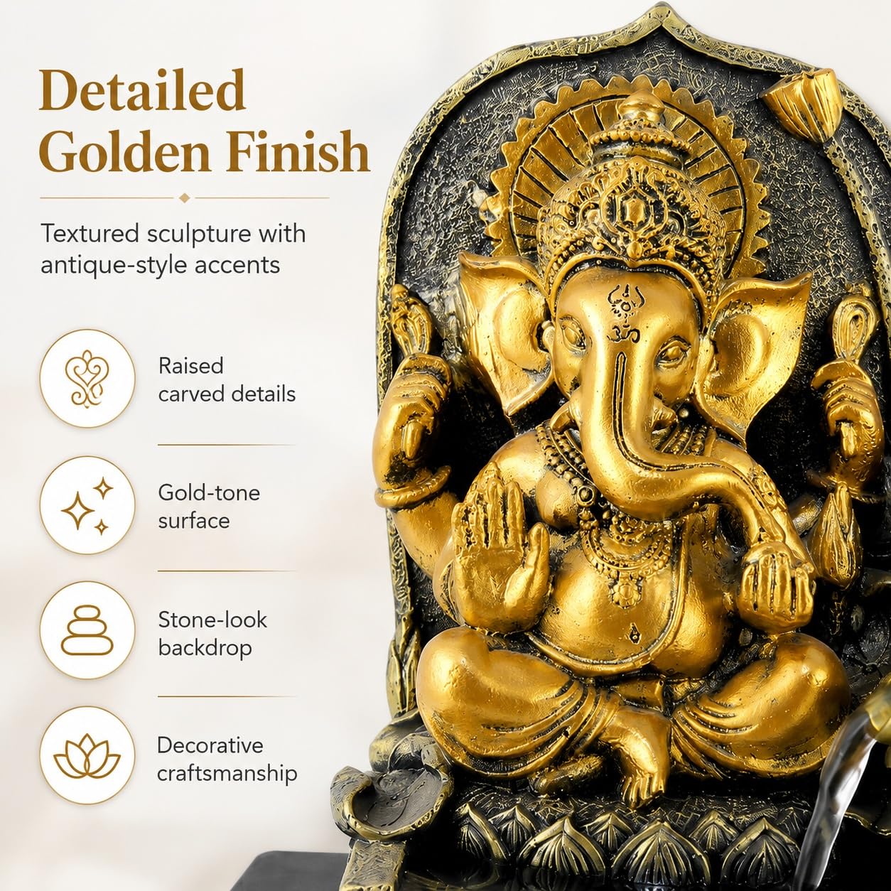 Ganesha Fuente de mesa, fuente de cascada interior de 11 pulgadas con luz LED, decoración de flujo de agua de hojas escalonadas para escritorio, oficina en casa