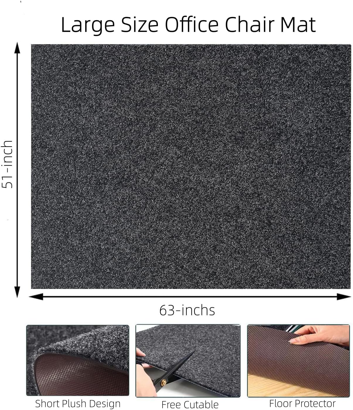 Large Office Desk Chair Mat 63"x51" Heavy Duty Non-Skid Floor Protector for Hard Floor, Hardwood, Tile (Dark Grey