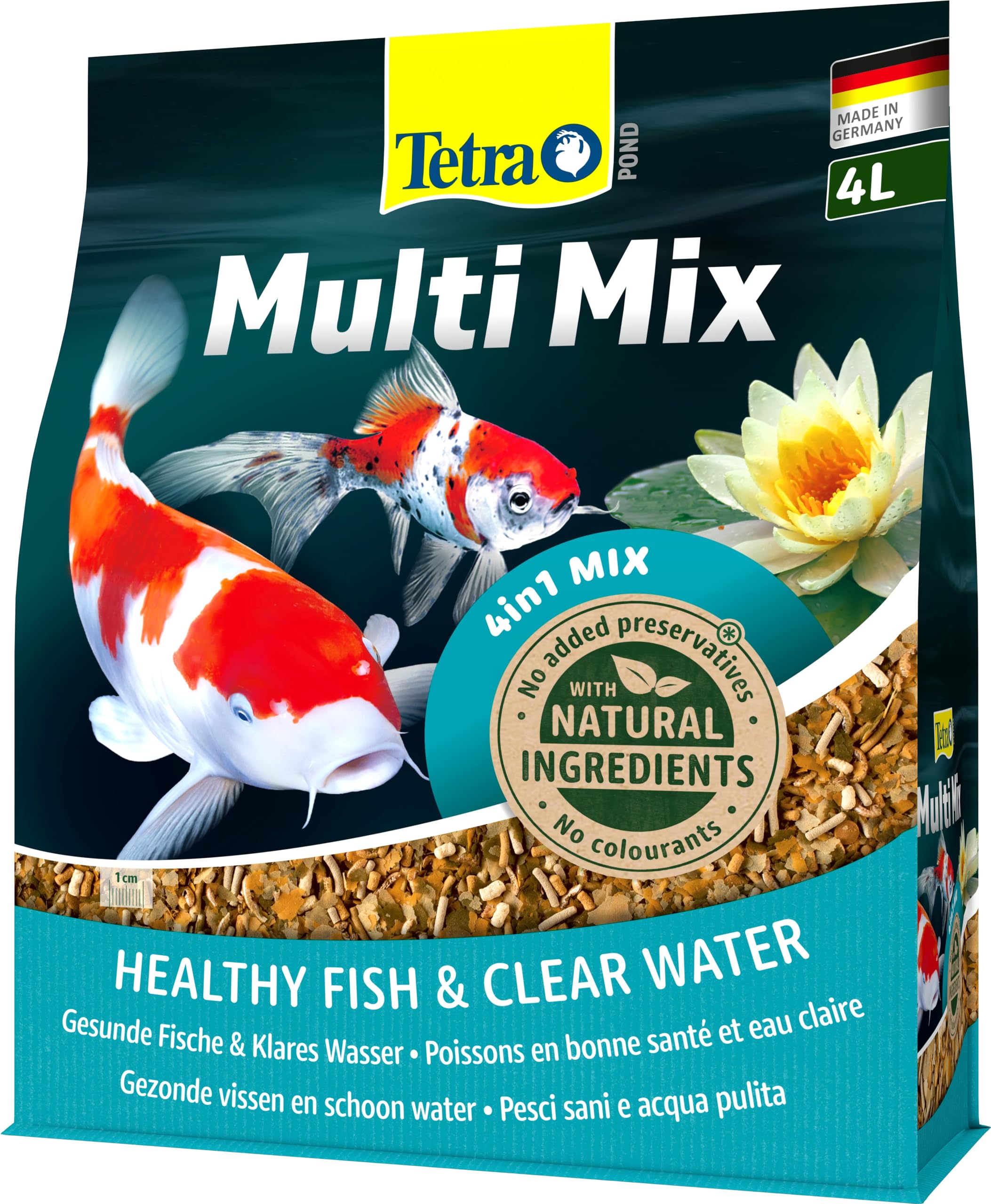 Tetra Pond Multi Mix, Comida para varios peces de estanque con cuatro tipos de comida (barritas, wafers, escamas y gammarus), bolsa de 4 L