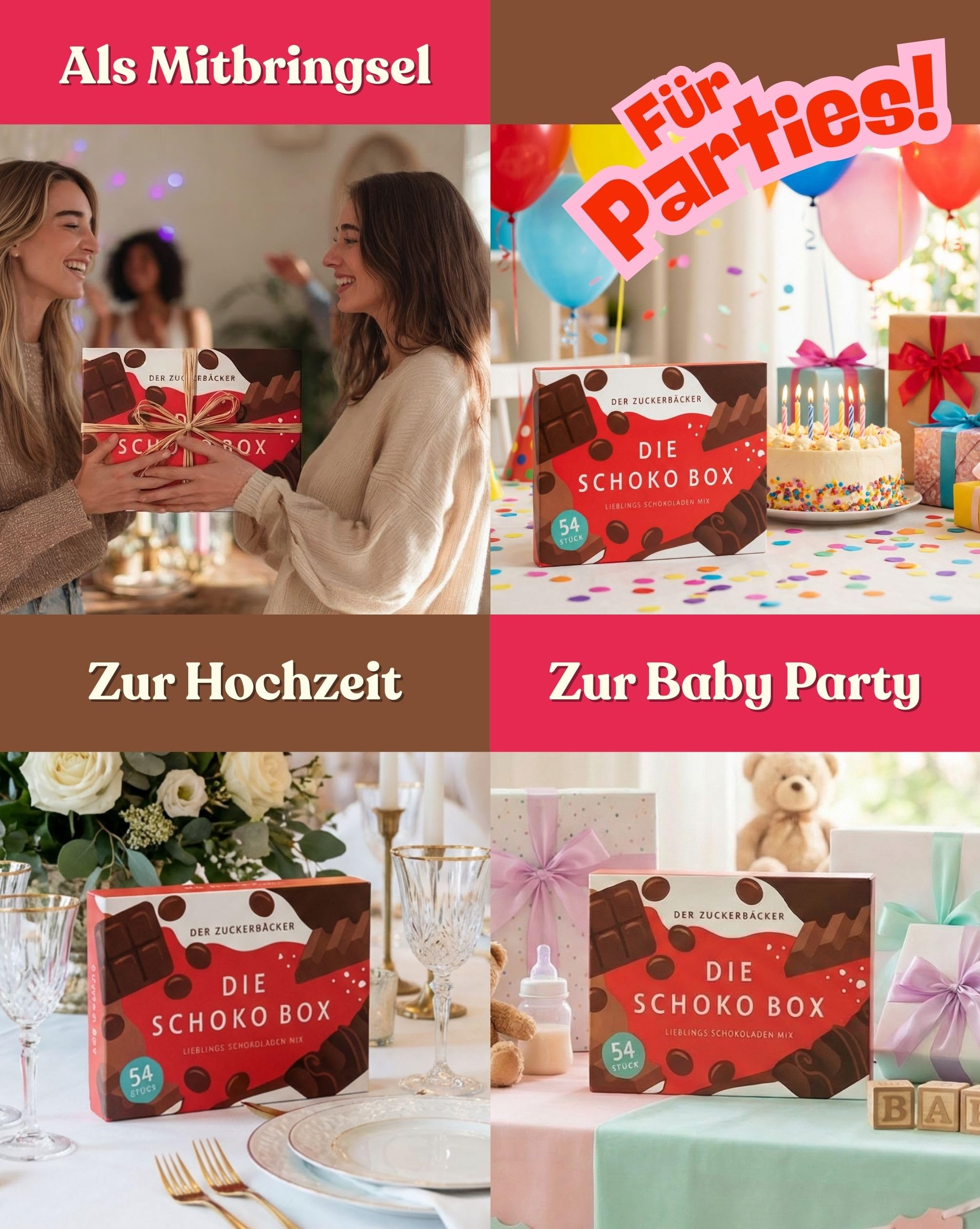 Süßigkeiten Box mit Kinderschokolade - Genussmomente von Der Zuckerbäcker, Premium Schokoladen Mix mit Bueno, Kinder Schokolade und Kinder Country, 54 Teile als Geschenk für Party und Geburtstag