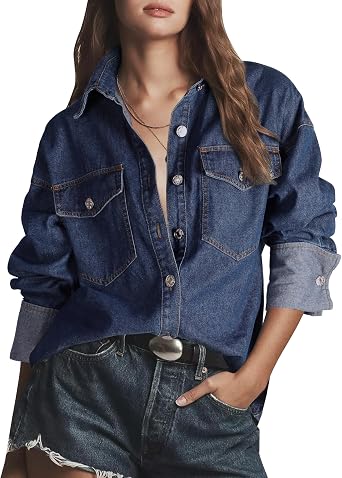 Skirt BL Women Denim Shirts Oversized Button Down Jean Shirt Casual Long Sleeve Shackets Top Trendy 2025
