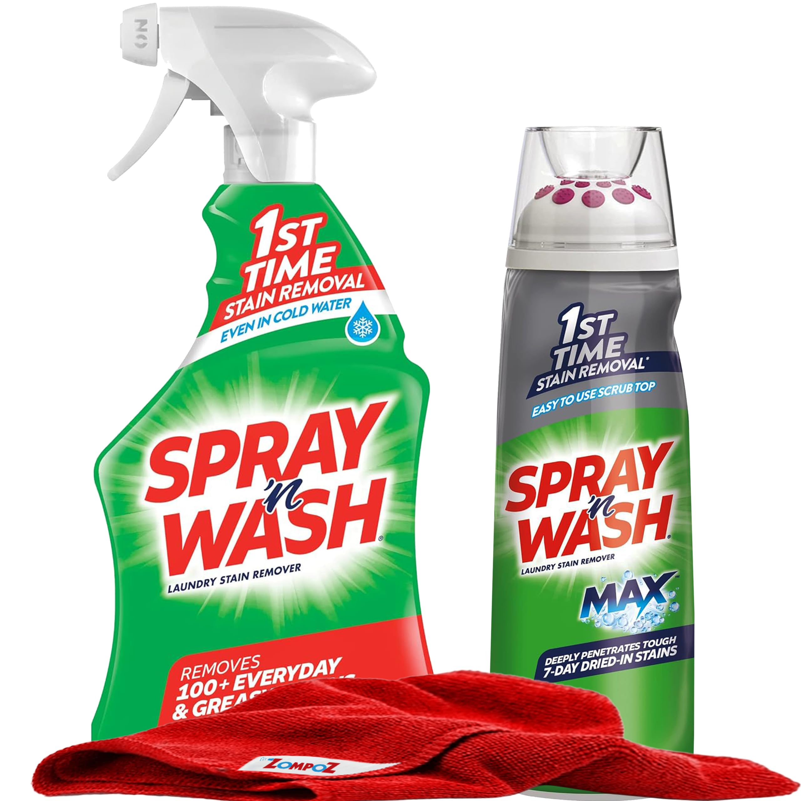 Laundry Stain Remover Bundle Set, 1 Spray Trigger 22 oz and 1 Easy to Use Scrub Top Max Gel Stick 6.7 oz, Pre-treat Laundry for Tough Dried-in Stains, Bonus Zompo-Z Microfiber Cloth