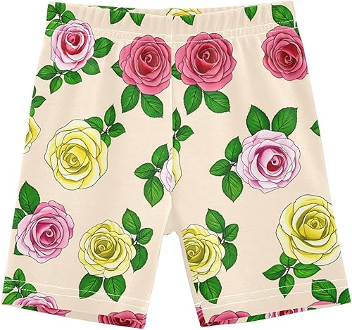 Yellow Flower Beige Girls Bike Shorts Toddler Soft Cotton Active Biker Shorts(Multi-yellow Flower Beige,8 Years)