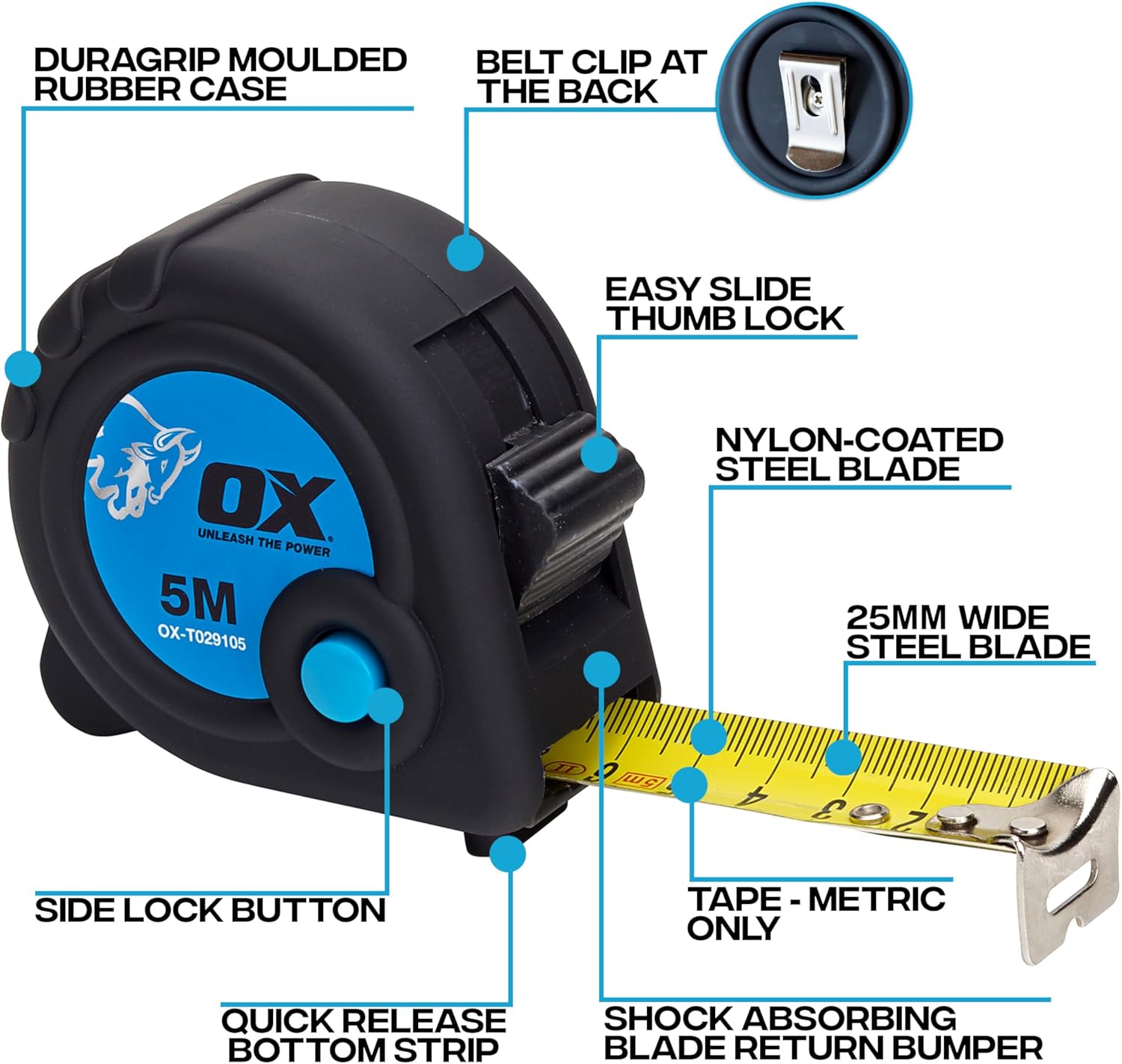 OX 5m Trade Series Metric Tape Measure - Heavy Duty Nylon Coated Measurement Tape - Black/Blue
