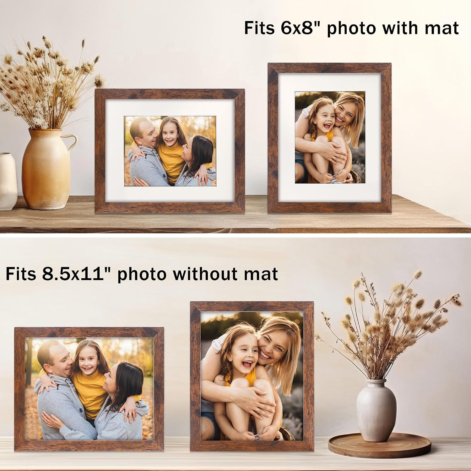 8.5x11 Picture Frame, Display Photos 6x8 with Mat or 8.5x11 without Mat, Poster Frame for Wall and Tabletop, Brown image 2